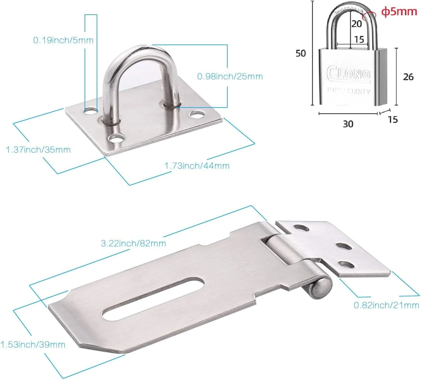 قفل سنگین با بست قفل و 4 کلید، بست قفل درب سوله، قفل بست فولاد ضد زنگ برای پنجره ها، کابینت ها، کمدها، سوله ها، درها، نقره ای برس خورده