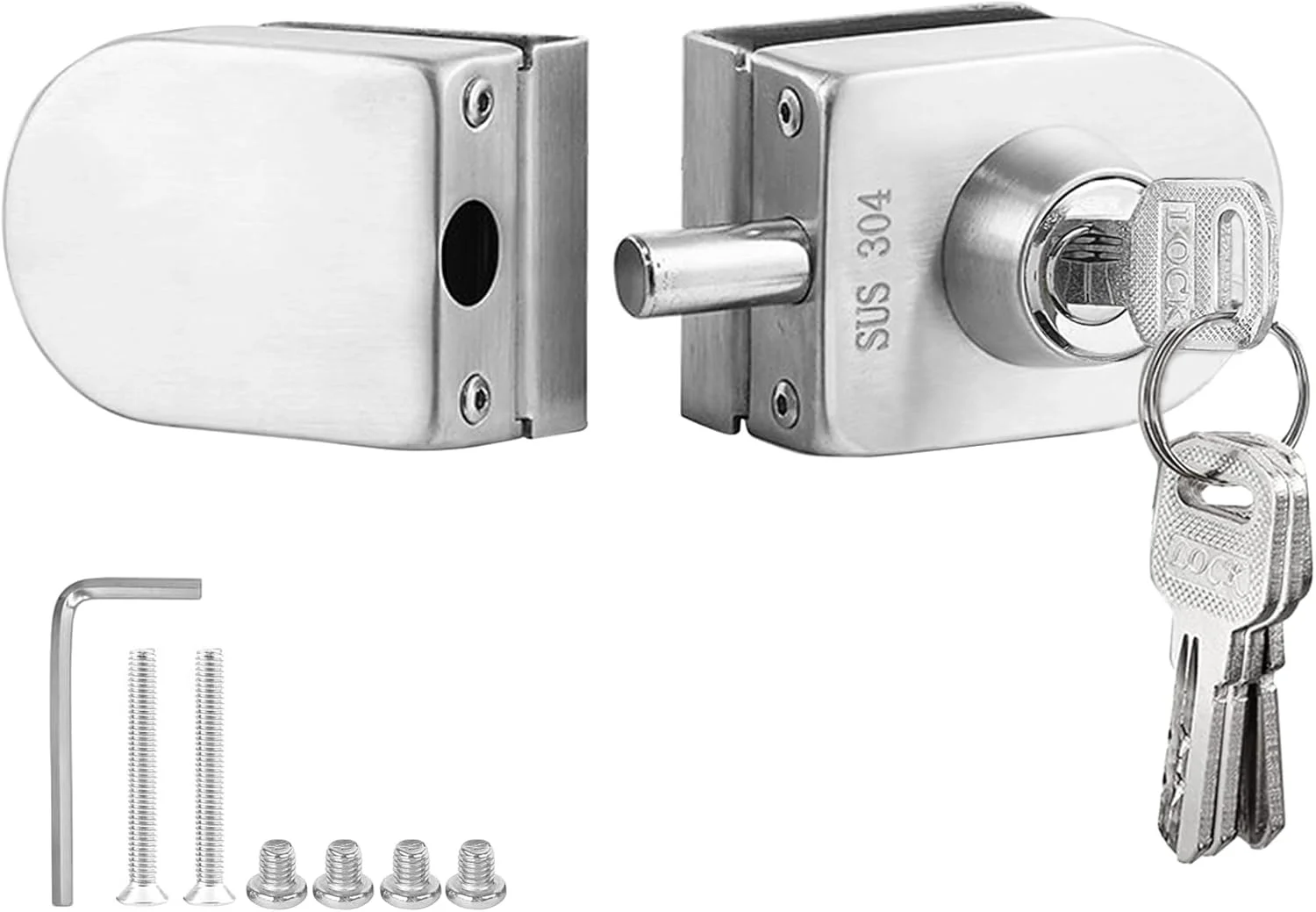 قفل درب شیشه ای مناسب برای شیشه های 1/2 اینچی، 10 تا 12 میلی متری، قفل درب شیشه ای، بدون نیاز به سوراخکاری، دارای دو پیچ و مهره، مناسب برای درب های شیشه ای کشویی و چرخشی، کنترل دسترسی، مناسب برای درب شیشه ای دفاتر، همراه با 4 کلید (103-B)