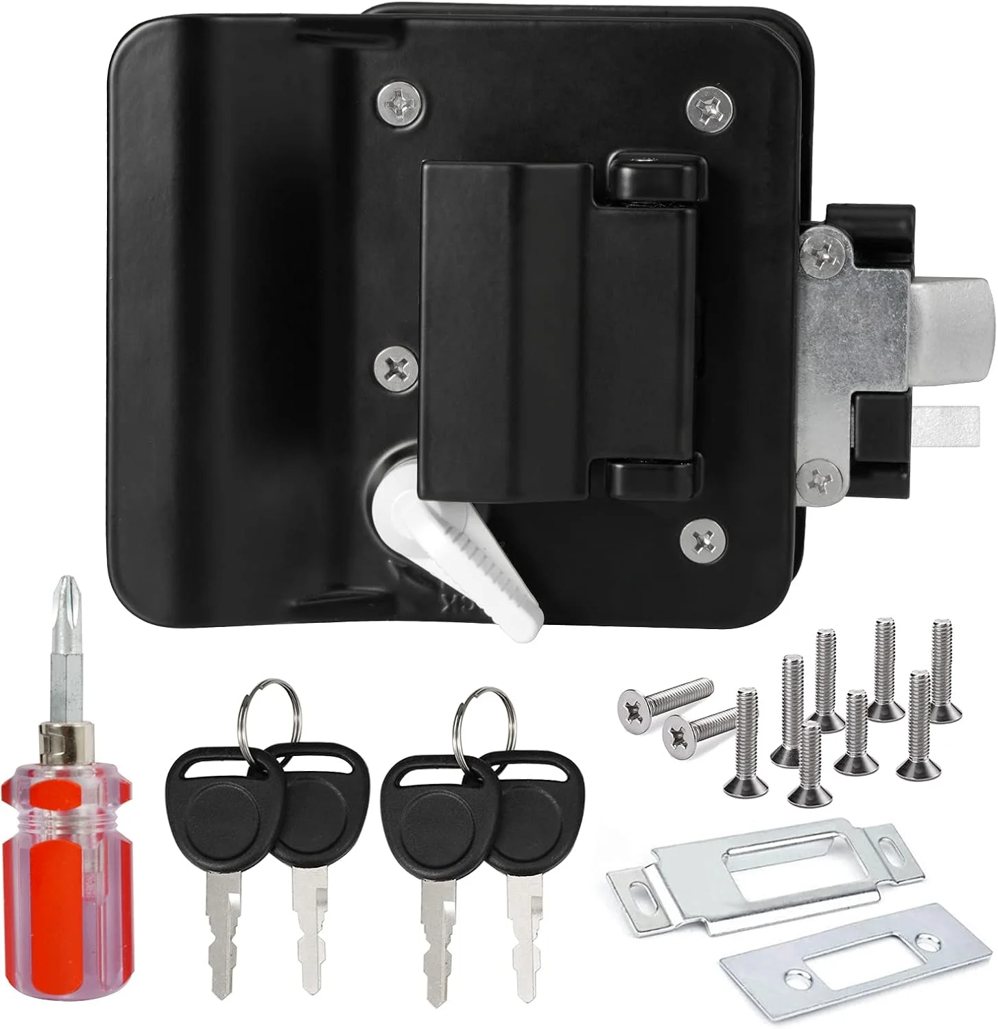 قفل درب ورودی تریلر مسافرتی RV ارتقا یافته Nstarsmotor (2 بسته)، قفل درب RV مشکی با زبانه قفل و کلید، قفل درب فلزی آلیاژ روی برای تریلر اسب کمپینگ