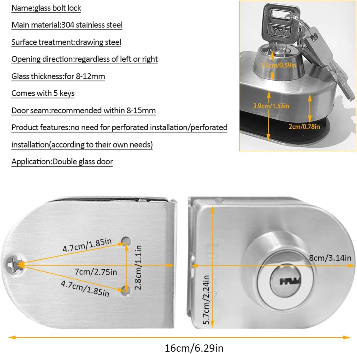 قفل درب شیشه ای مناسب برای شیشه های 1/2 اینچی، 10 تا 12 میلی متری، قفل درب شیشه ای، بدون نیاز به سوراخکاری، دارای دو پیچ و مهره، مناسب برای درب های شیشه ای کشویی و چرخشی، کنترل دسترسی، مناسب برای درب شیشه ای دفاتر، همراه با 4 کلید (103-B)