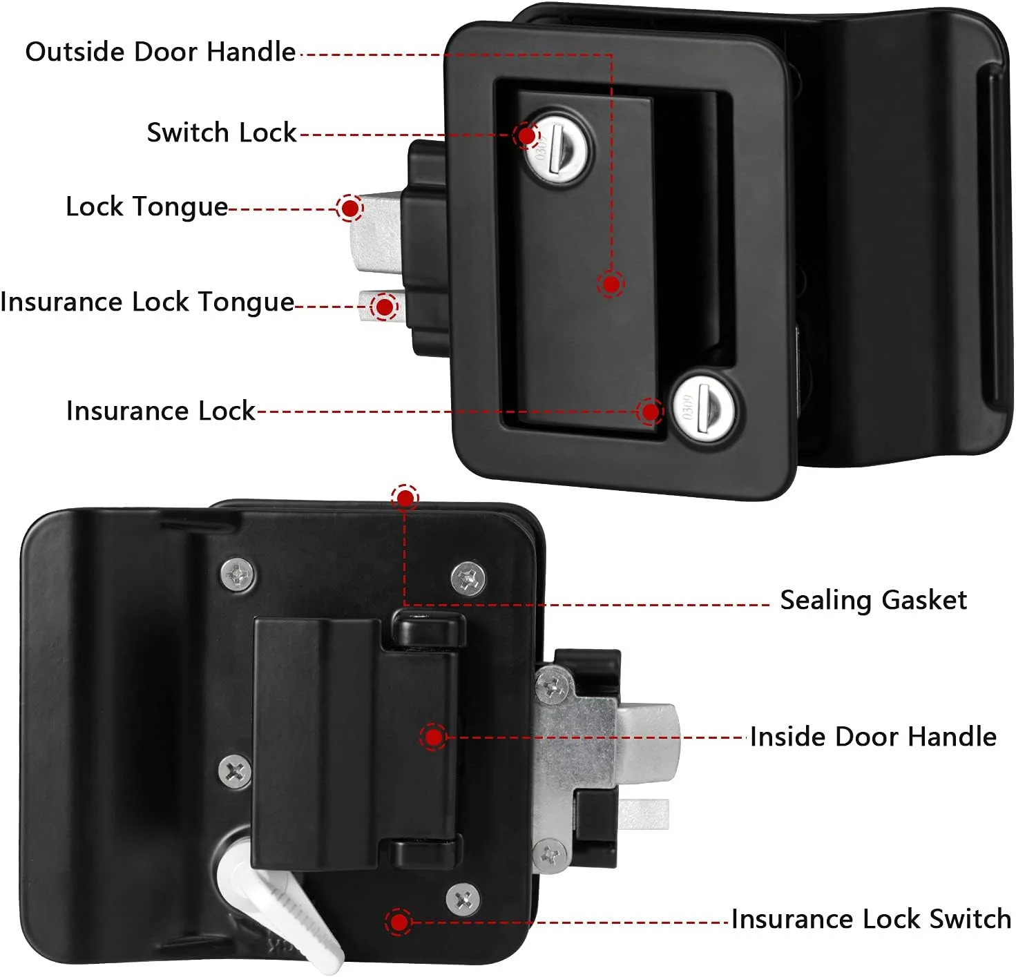قفل درب ورودی تریلر مسافرتی RV ارتقا یافته Nstarsmotor (2 بسته)، قفل درب RV مشکی با زبانه قفل و کلید، قفل درب فلزی آلیاژ روی برای تریلر اسب کمپینگ