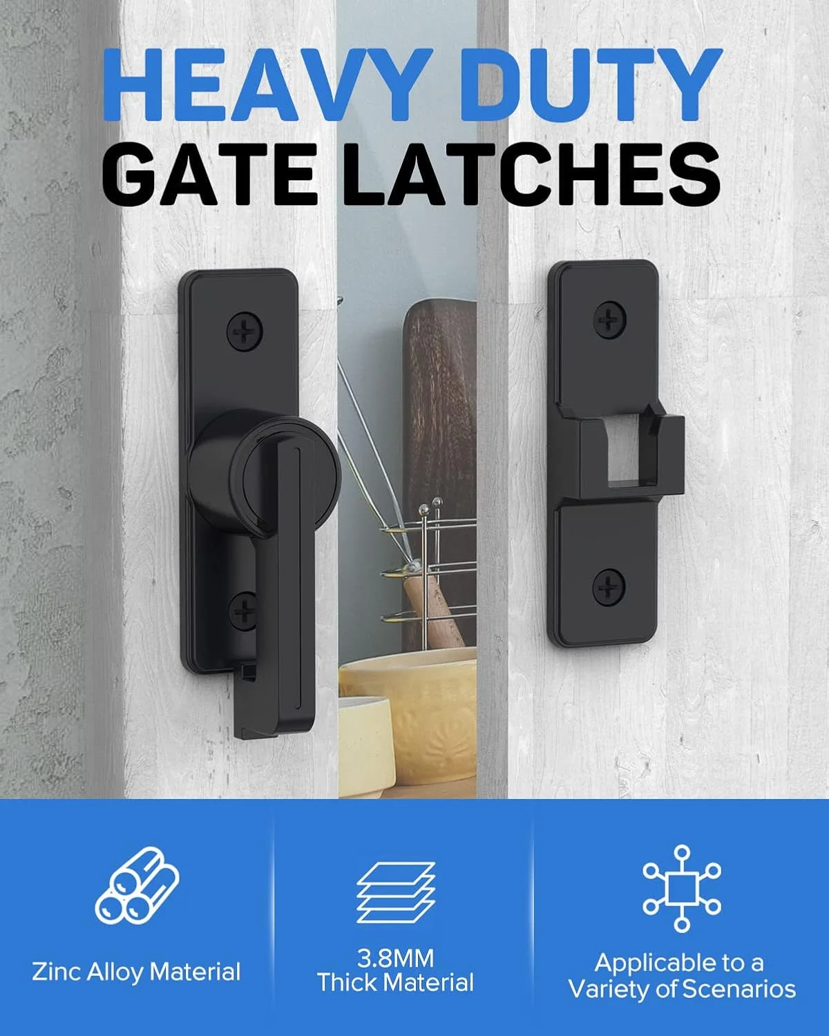 قفل زبانه ای درب MeBantoo، قفل ایمنی درب، زبانه درب ساخته شده از آلیاژ آلومینیوم سنگین 3.8 میلی متری برای درب های کشویی، چرخشی، حصار چوبی، درب انبار، سوله، گاراژ، حیاط (مشکی مات - 1 عدد)