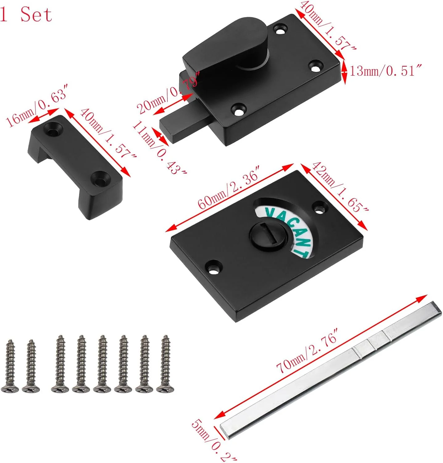 قفل نشانگر درب توالت Mewutal، قفل نشانگر درب حمام، قفل زبانه آلیاژ آلومینیوم با نشانگر خالی/اشغال برای سرویس بهداشتی، اتاق پرو، همراه با پیچ (مشکی)
