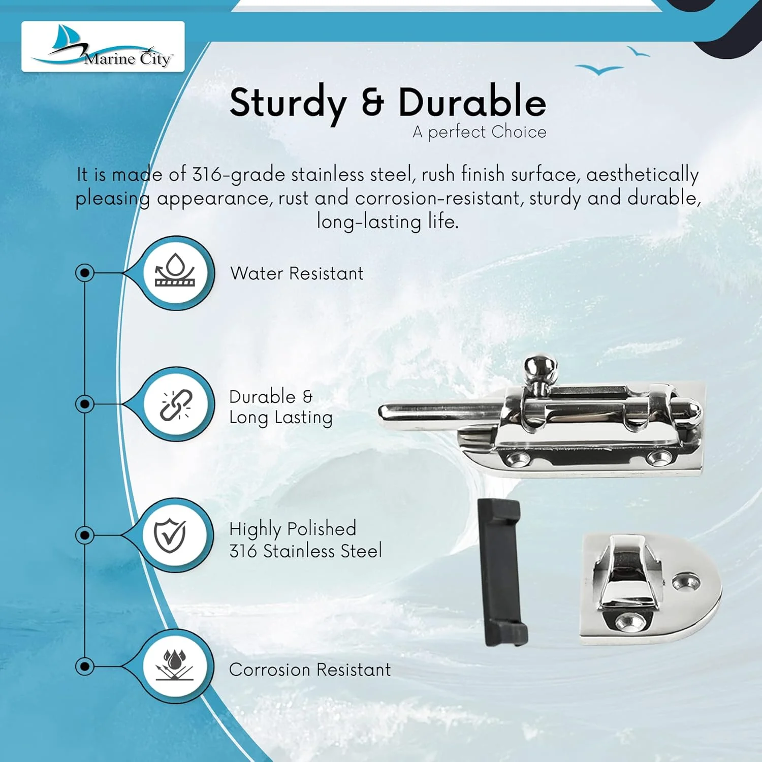 قفل اهرمی استیل دریایی Marine City، فولاد ضد زنگ 316، سنگین، مناسب درب، با 6 نقطه اتصال (اندازه: 4-1/4 اینچ × 1-1/2 اینچ) (M)