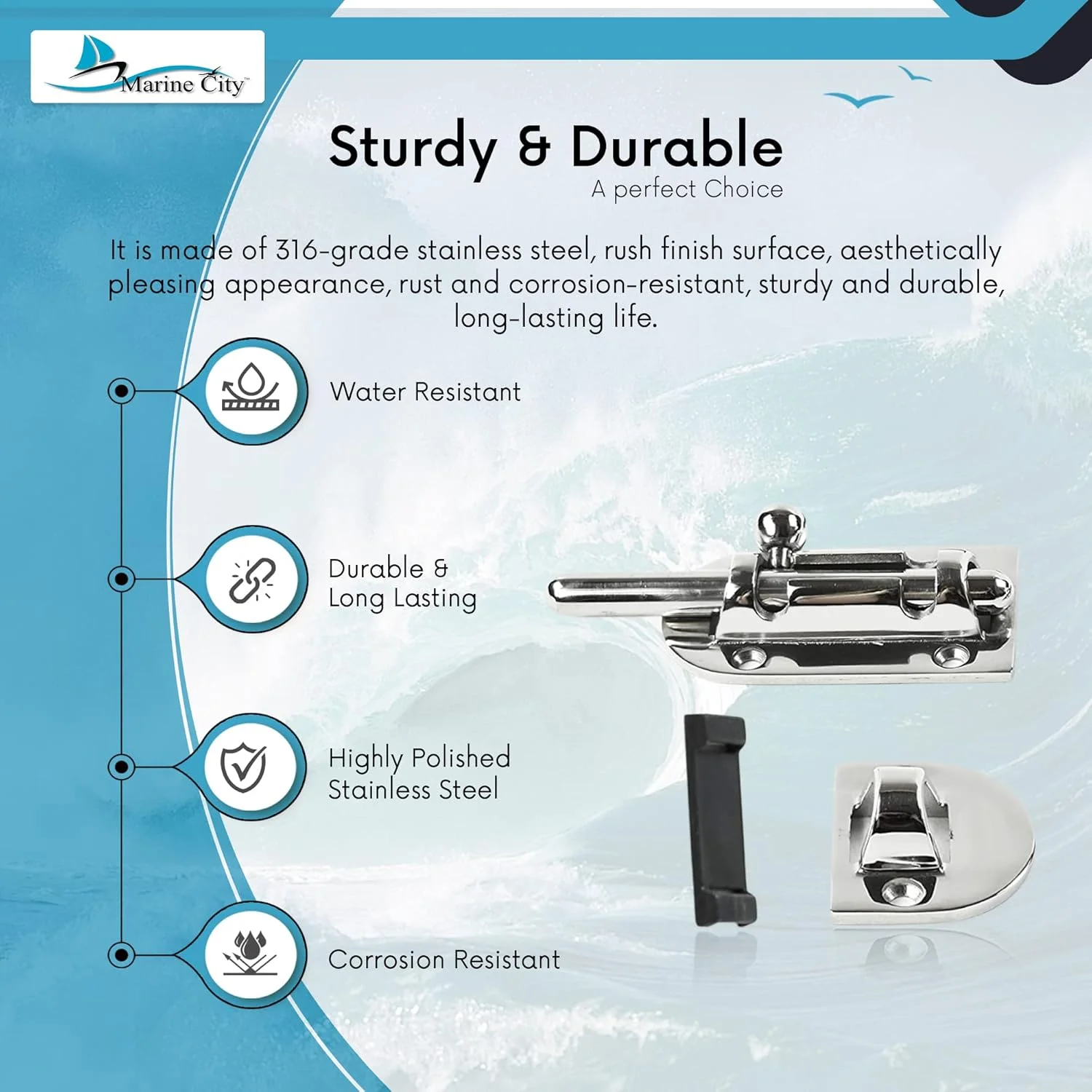 قفل اهرمی استیل دریایی Marine City، فولاد ضد زنگ 316، سنگین، مناسب درب، دارای 6 نقطه اتصال (اندازه: 3-1/2 اینچ × 1-1/2 اینچ) (S)