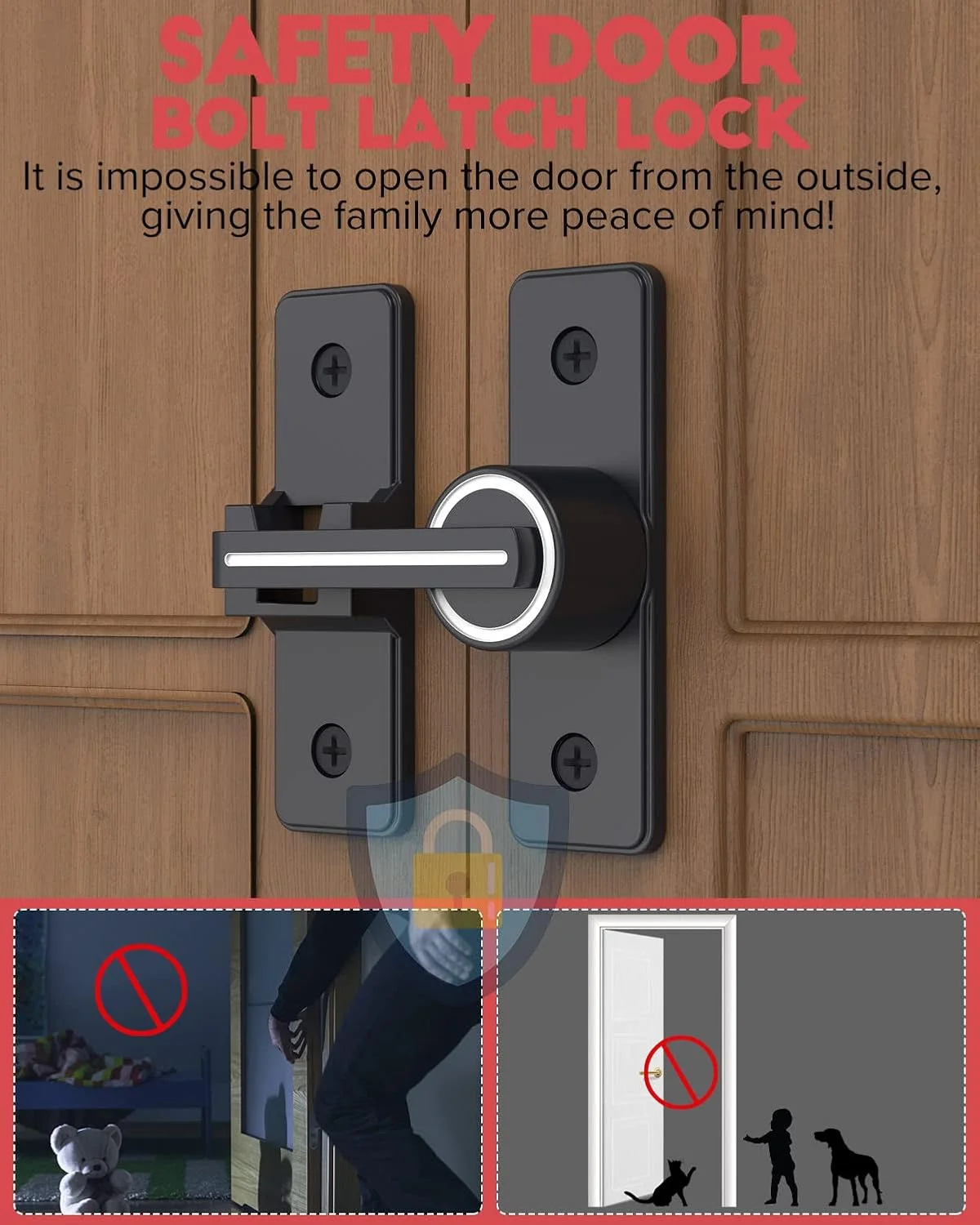 قفل درب Mbotnee، قفل زبانه چرخشی، قفل ایمنی درب، زبانه درب قابل تنظیم آلیاژ روی 3.8 میلی متری سنگین، سخت افزار قفل درب برای درب کشویی انبار، باغ، حمام، درب گاراژ (مشکی شب تاب)