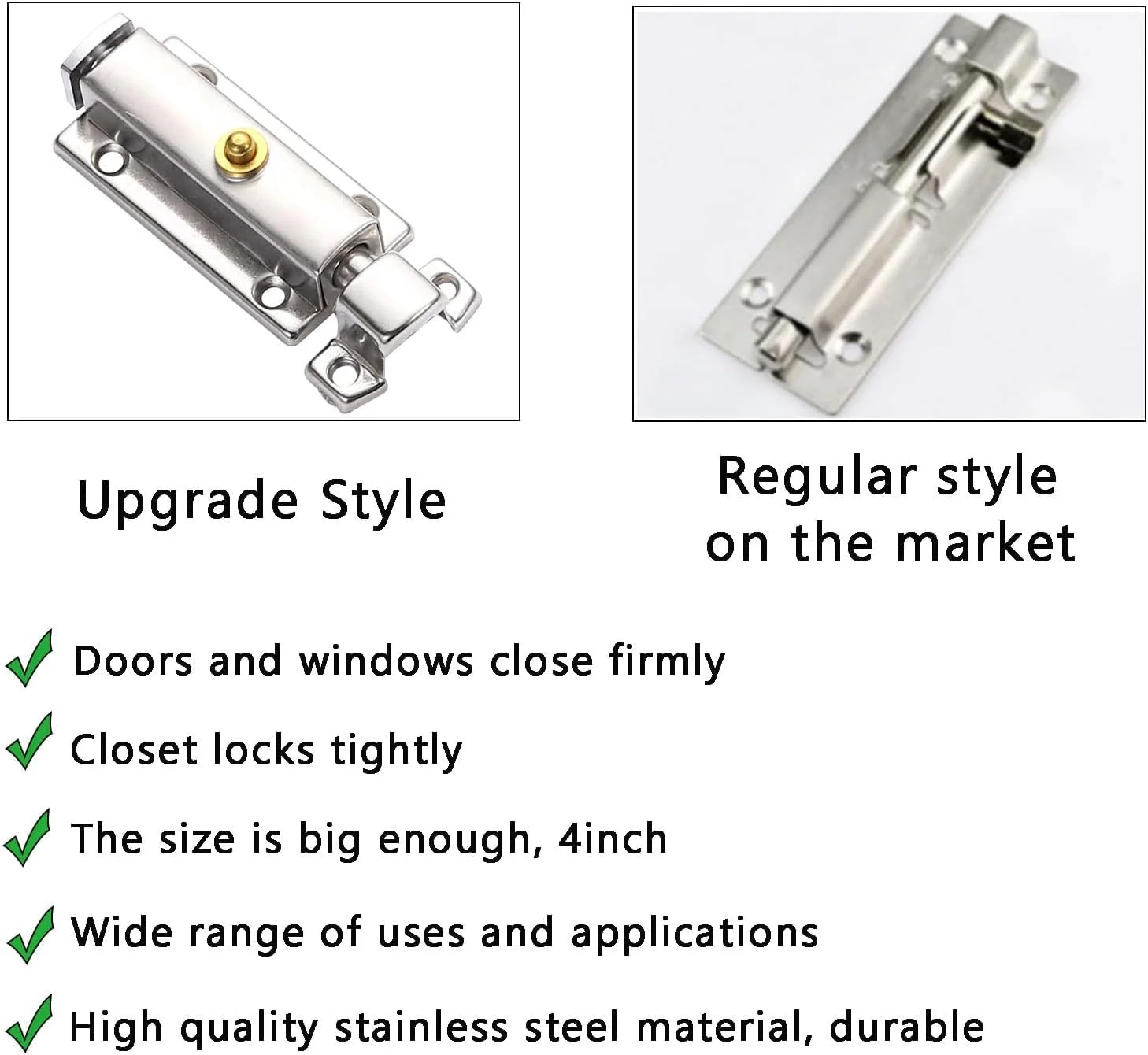 قفل درب کرومی براق MAKINGTEC، بسته 2 عددی، قفل درب حمام، قفل درب قابل حمل نقره ای، مشکی، قفل درب برای درهای داخلی، قفل استیل ضد زنگ 4 اینچی برای اتاق خواب، کمد، درب باغ