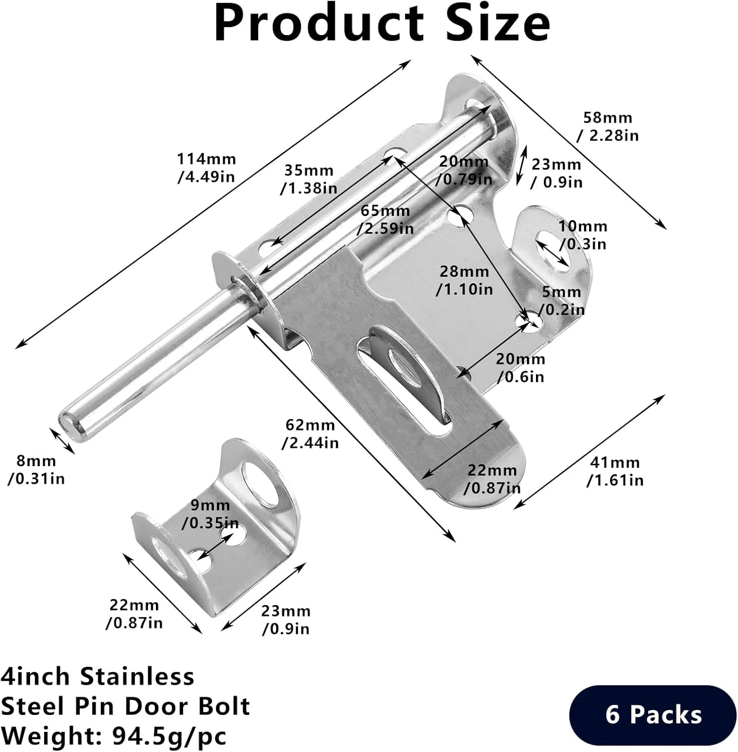 قفل زبانه کشویی دروازه LOPYXBR بسته 6 عددی، قفل کشویی نقره ای 4 اینچی برای درب، قفل زبانه درب استیل ضد زنگ با پیچ برای دروازه های چوبی، قفل های سوله باغی فضای باز (4 اینچ)