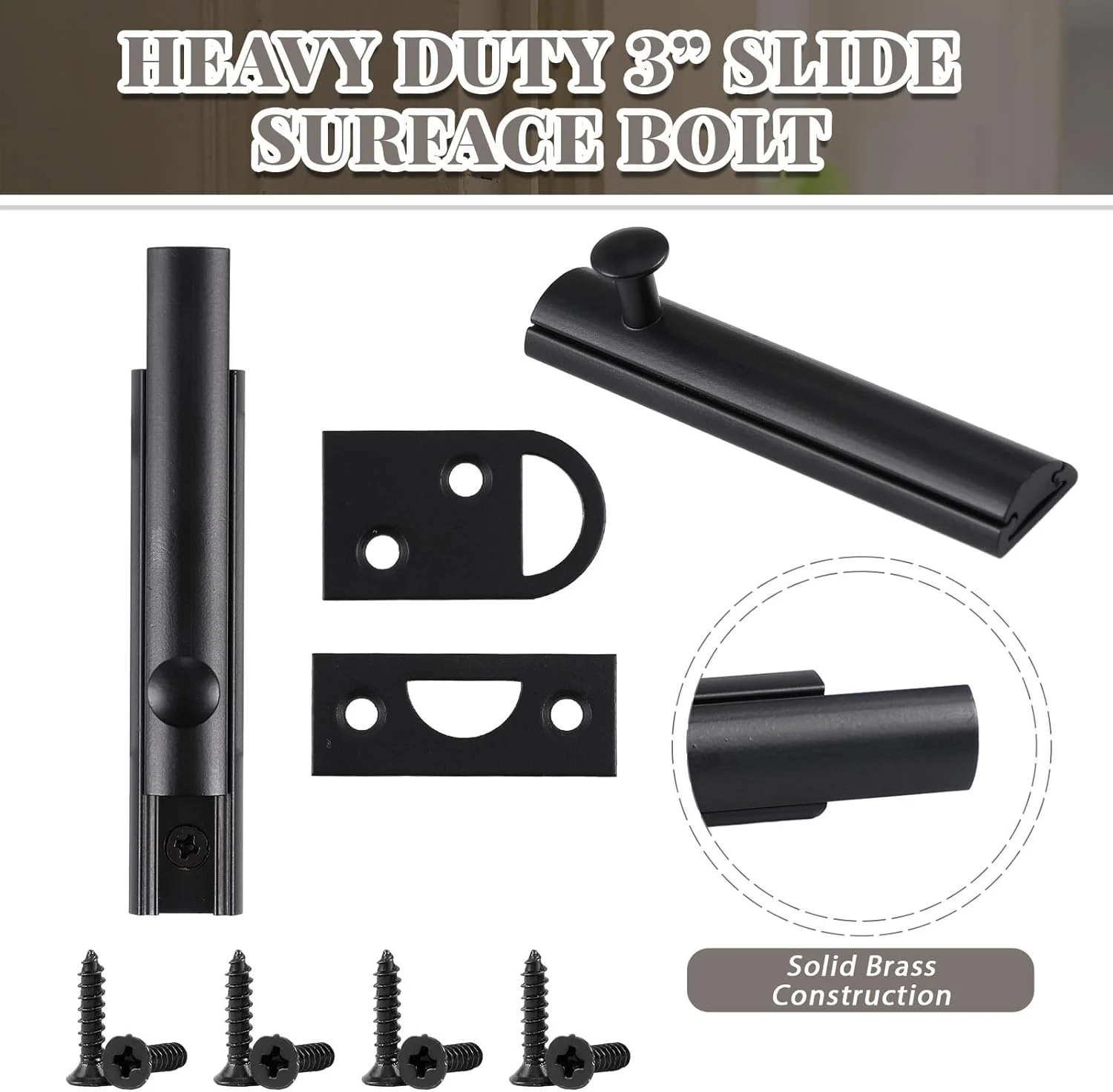 لاته 2 عددی قفل زبانه ای روکار برنجی جامد، قفل سخت افزاری درب، قفل کشویی درب، قفل زبانه ای درب برای بالای درب، قفل زبانه ای کشویی (مشکی، 3 اینچ)