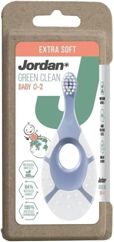 مسواک فوق العاده نرم کودک (0-2 سال) جردن گرین کلین، حلقه دندان گیر نرم، رنگ های متنوع، برس های گیاهی، دسته و بسته بندی بازیافتی، مواد با کیفیت پایدار