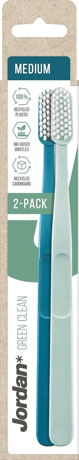 مسواک متوسط جردن گرین کلین، بسته 2 عددی، رنگ های متنوع، برس های گیاهی، دسته بازیافتی، عملکرد عالی، طراحی مدرن و مواد با کیفیت پایدار