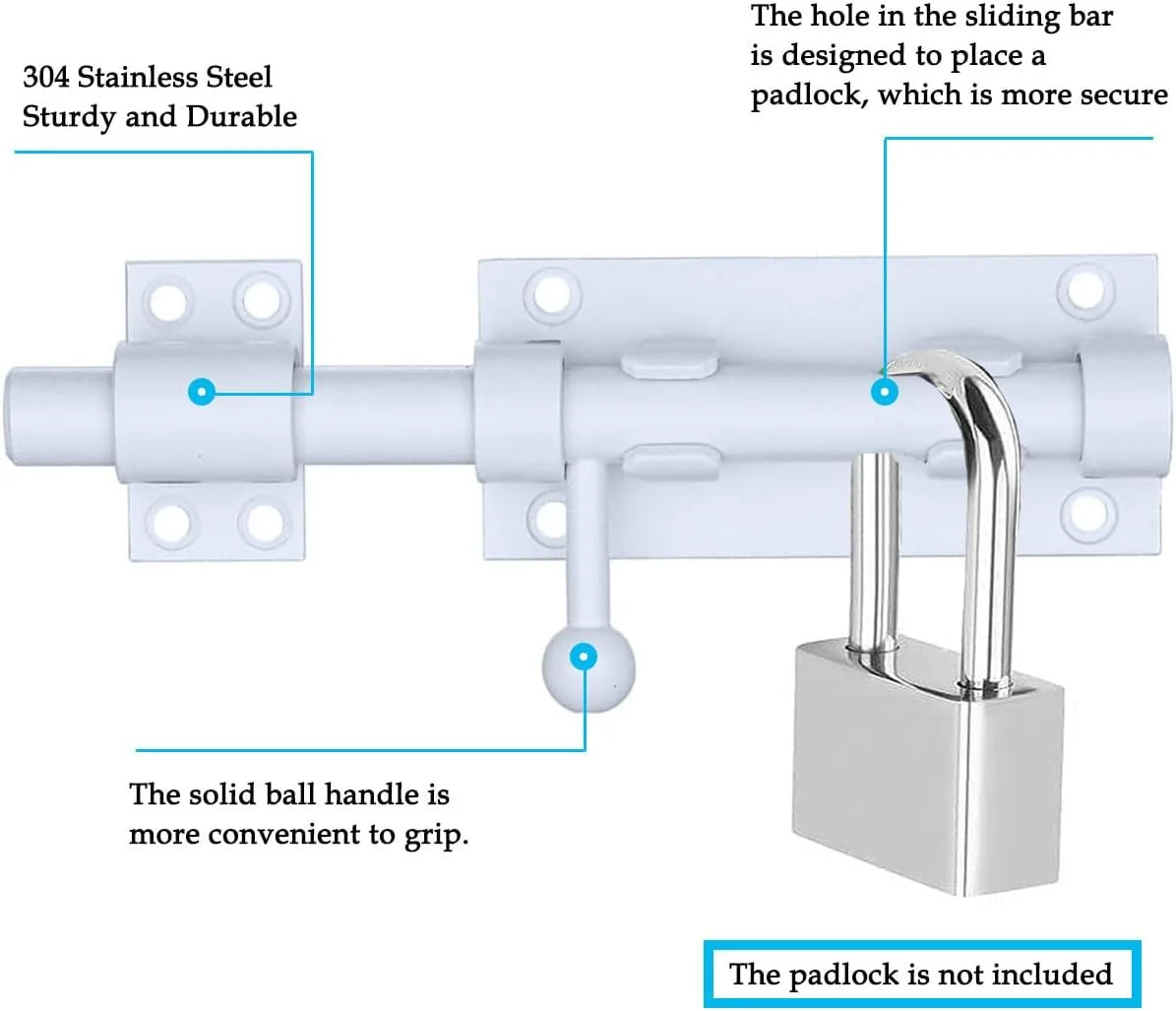 قفل درب Litensh برای دروازه های کشویی، قفل درب، قفل زبانه ای، قفل دروازه با سوراخ برای قفل آویز، قفل مرده فولادی ضد زنگ 304، قفل درب کوچک، قطر 14 میلی متر، سفید