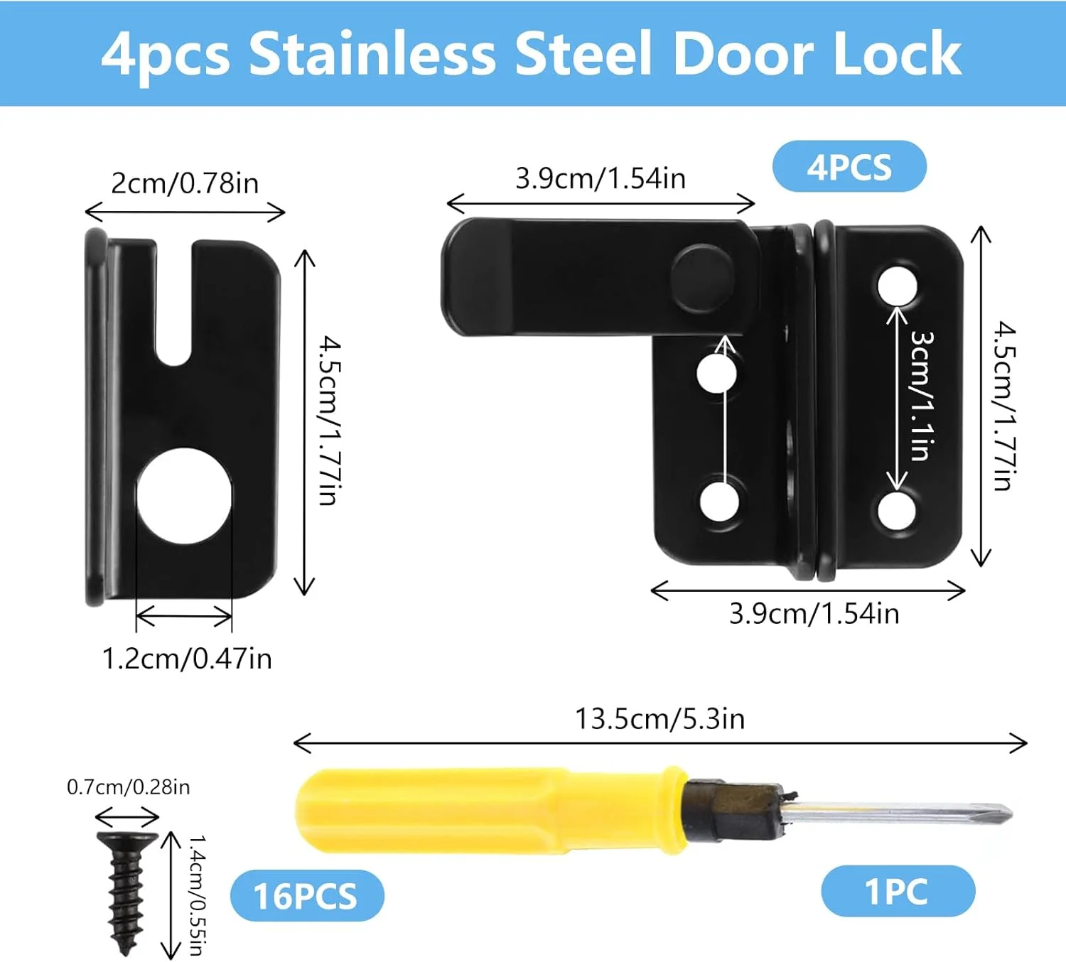 بسته 4 عددی قفل و بست برای قفل درب، قفل استیل ضد زنگ درب، قفل کوچک 2 در 1 با سوراخ قفل، قفل کشویی مشکی برای پنجره ها، درب حیوانات خانگی، درب باغ، حصار