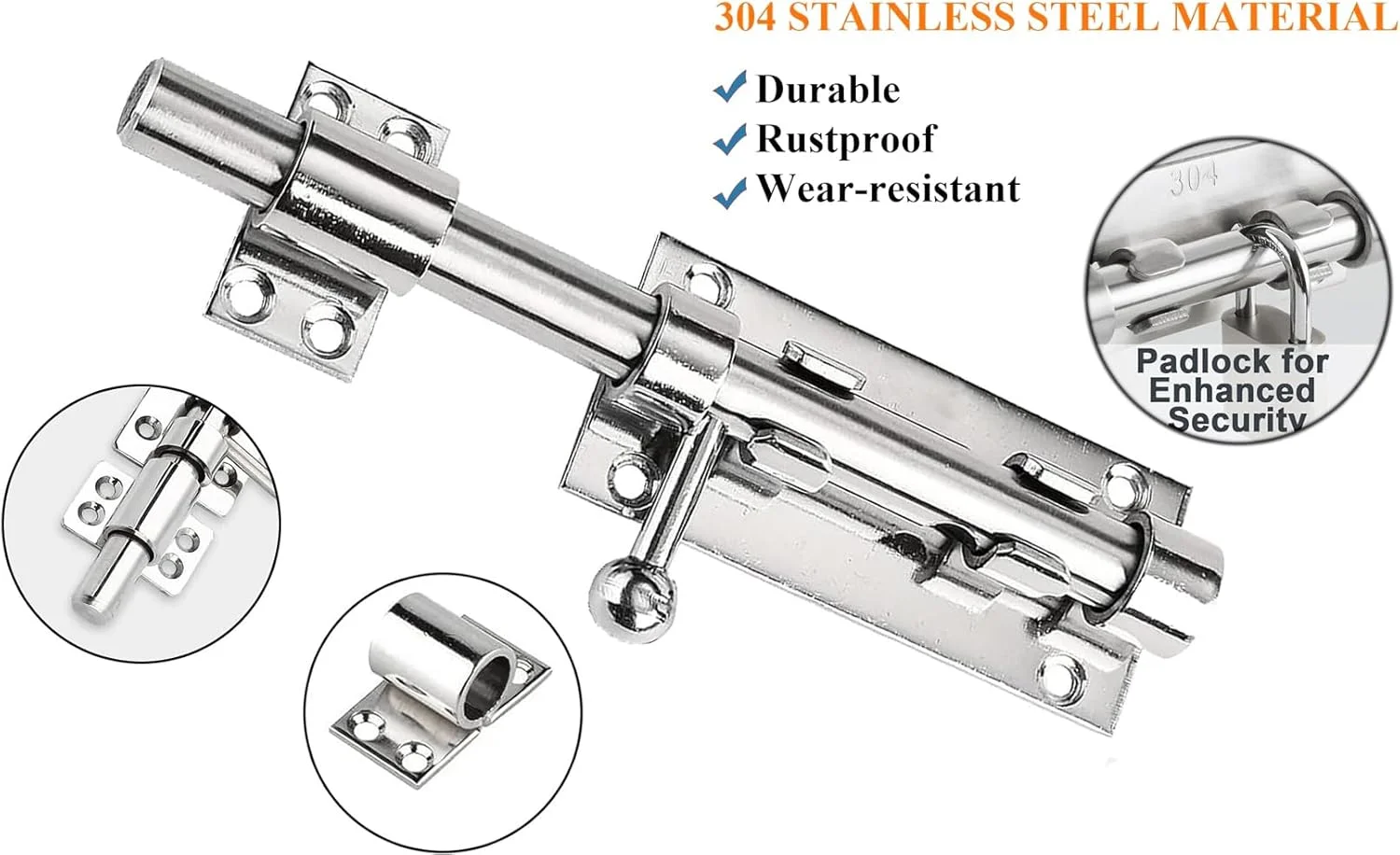 قفل کشویی سنگین درب دروازه Litensh با سوراخ قفل، قفل زبانه استیل ضد زنگ 304، قطر 12 میلی متر، استیل ضد زنگ 196 میلی متر