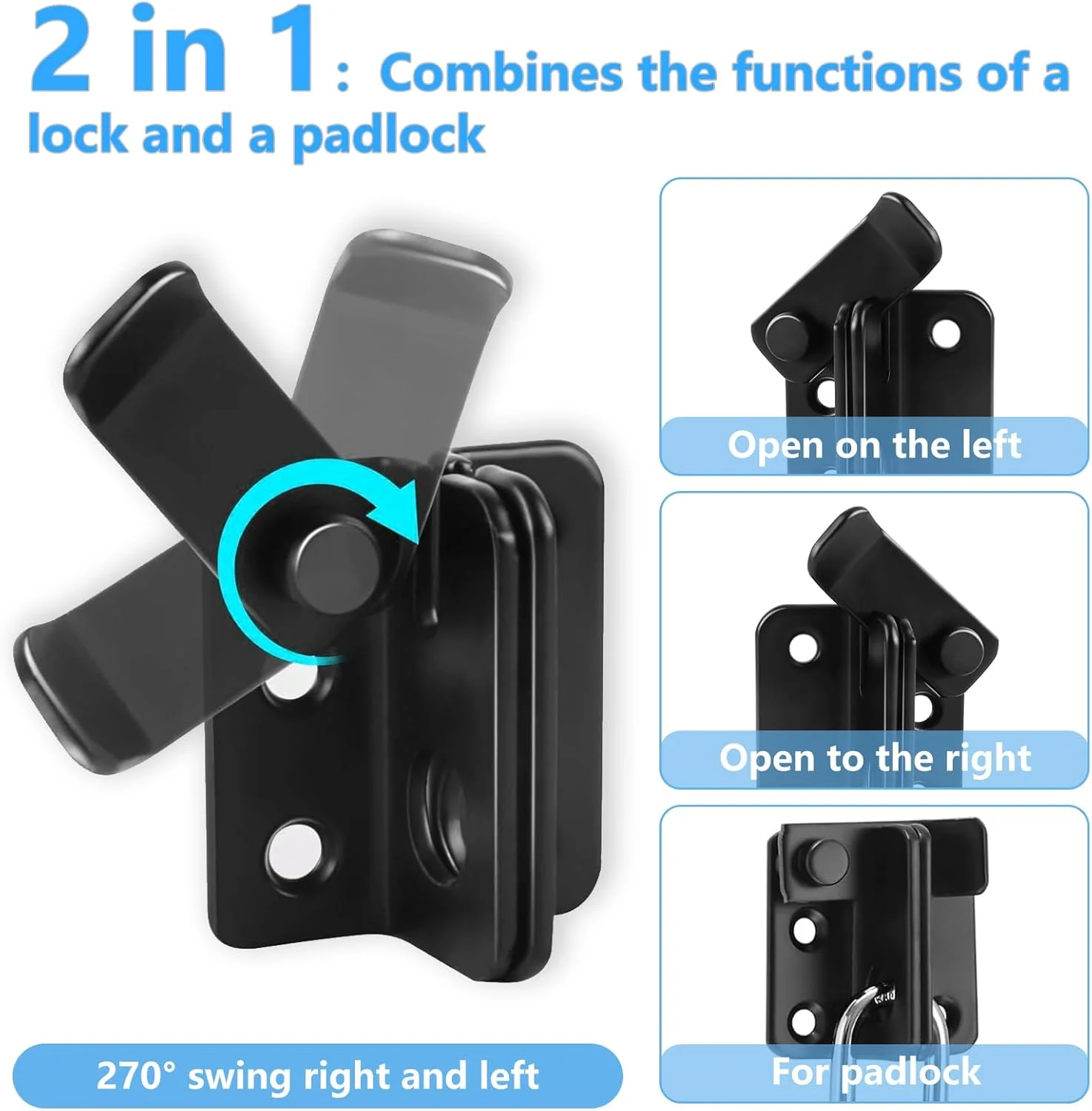 بسته 4 عددی قفل و بست برای قفل درب، قفل استیل ضد زنگ درب، قفل کوچک 2 در 1 با سوراخ قفل، قفل کشویی مشکی برای پنجره ها، درب حیوانات خانگی، درب باغ، حصار