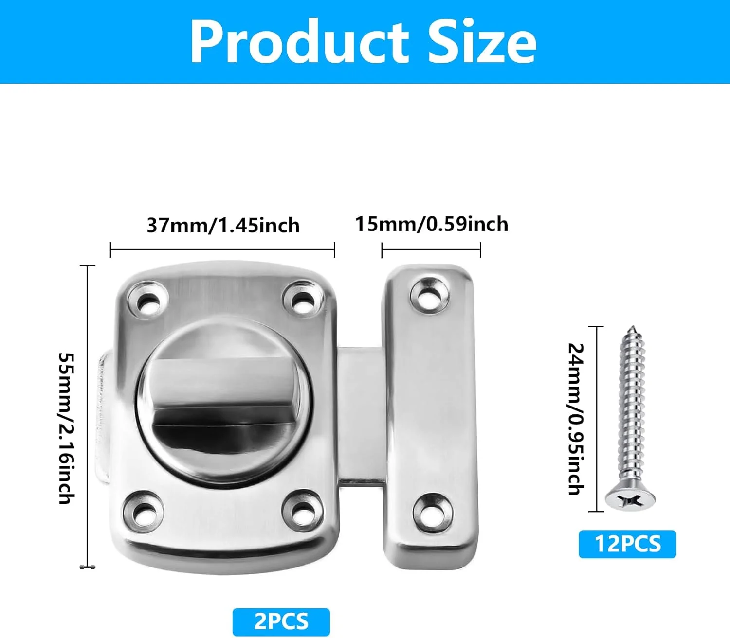 قفل چرخشی زبانه ای، 2 عدد قفل درب برای درب های داخلی، محافظت ضد سرقت، قفل چرخشی زبانه ای برای پنجره حمام، درب کابینت (نقره ای)، همراه با پیچ