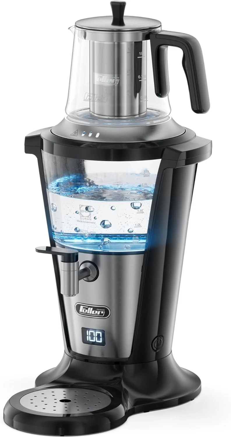 چای ساز و سماور شیشه ای برقی فلر آلمان، شیشه آلمانی Schott، سماور 3 لیتری + قوری 1 لیتری، 2000 وات، شیر ضد چکه + تثبیت کننده جریان آب، نمایشگر دیجیتال، مدل TS390، نسخه امارات (مشکی)