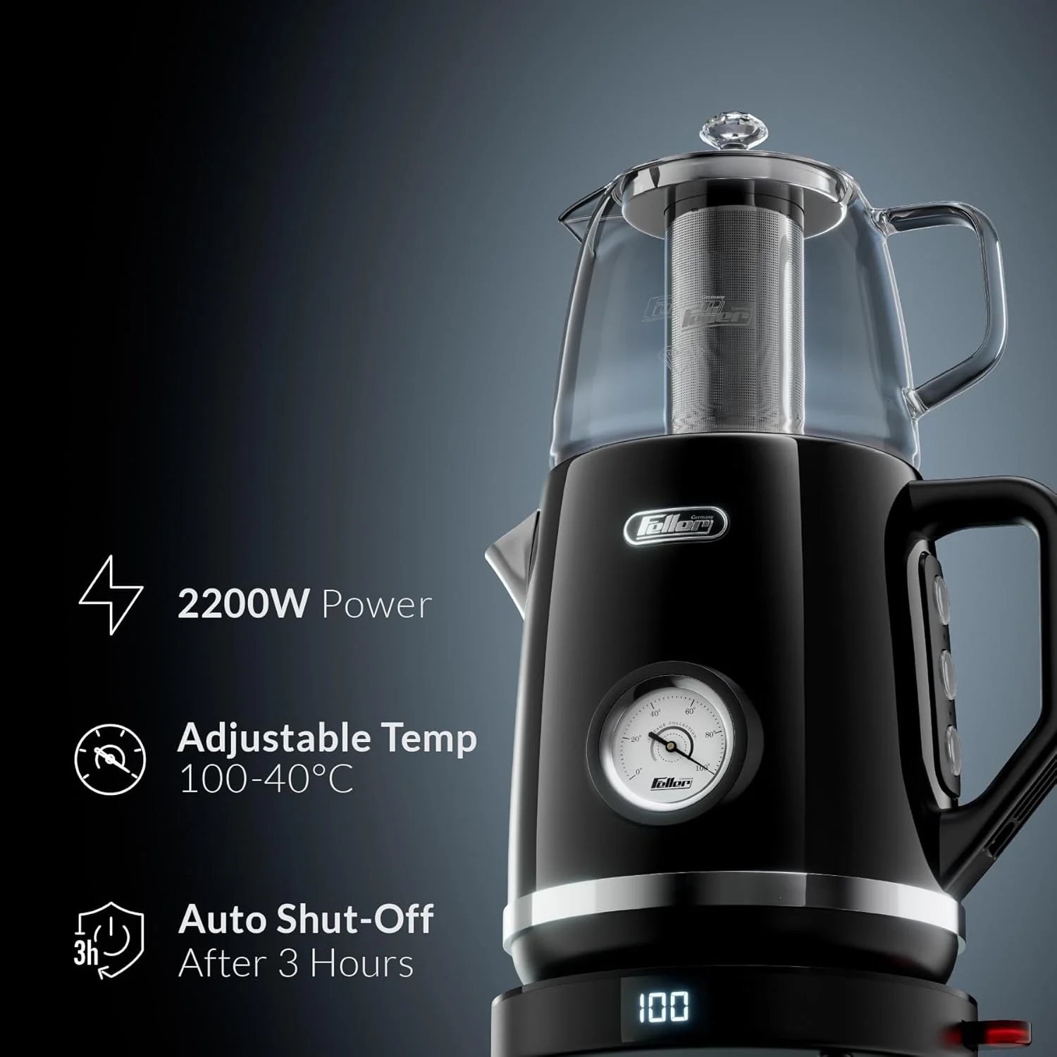 فلر آلمان، چای ساز و کتری استیل 1.7 لیتری 2 در 1 با طراحی رترو، 2200 وات، تنظیم دمای لمسی 40-100 درجه سانتیگراد، نمایشگر LED، مدل TS290، نسخه امارات (مشکی)