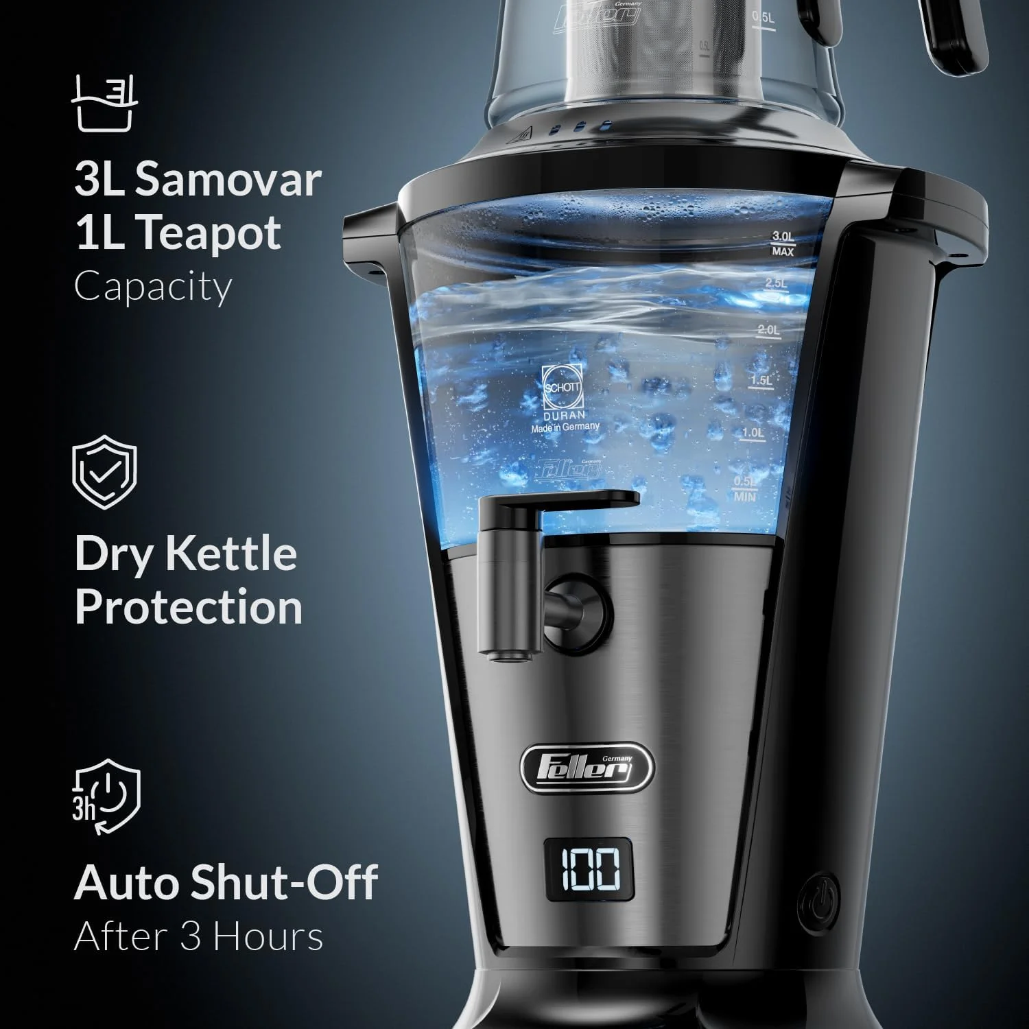 چای ساز و سماور شیشه ای برقی فلر آلمان، شیشه آلمانی Schott، سماور 3 لیتری + قوری 1 لیتری، 2000 وات، شیر ضد چکه + تثبیت کننده جریان آب، نمایشگر دیجیتال، مدل TS390، نسخه امارات (مشکی) چای ساز و سماور شیشه ای برقی فلر آلمان، شیشه آلمانی Schott، سماور 3 لیتری + قوری 1 لیتری، 2000 وات، شیر ضد چکه + تثبیت کننده جریان آب، نمایشگر دیجیتال، مدل TS390، نسخه امارات (مشکی)