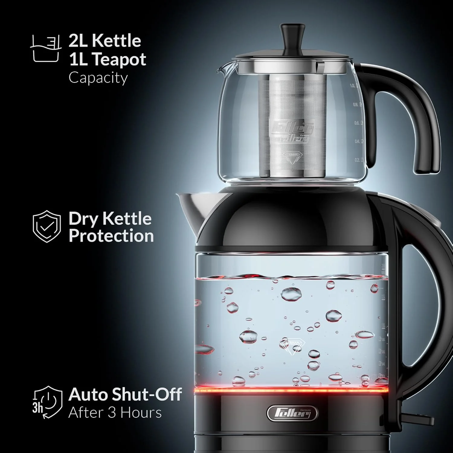 چای ساز 2 در 1 فلر آلمان 2200 وات، کتری شیشه ای 2 لیتری + قوری 1 لیتری با فناوری آلمان، STRIX، گرم نگهدار+جوش خشک+گرمای بیش از حد، کیت قوری استیل ضد زنگ، مدل TS288، نسخه امارات (مشکی) چای ساز 2 در 1 فلر آلمان 2200 وات، کتری شیشه ای 2 لیتری + قوری 1 لیتری با فناوری آلمان، STRIX، گرم نگهدار+جوش خشک+گرمای بیش از حد، کیت قوری استیل ضد زنگ، مدل TS288، نسخه امارات (مشکی)