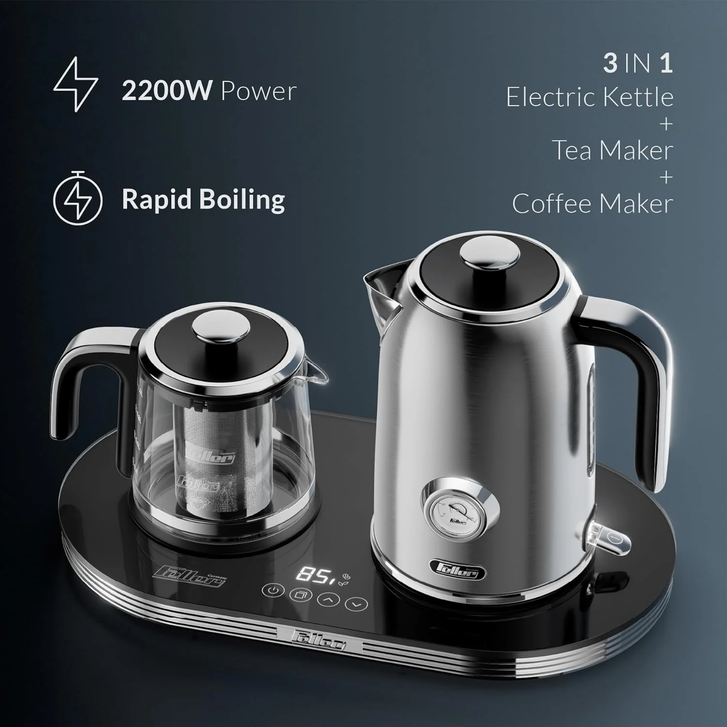 فلر آلمان چای ساز/قهوه ساز رترو 2 در 1 مدل TS490 با توان 2200 وات و ظرفیت 1.7 لیتر + کتری برقی استیل ضد زنگ با المنت Strix، تنظیم دمای لمسی قوری + نمایشگر LED فلر آلمان چای ساز/قهوه ساز رترو 2 در 1 مدل TS490 با توان 2200 وات و ظرفیت 1.7 لیتر + کتری برقی استیل ضد زنگ با المنت Strix، تنظیم دمای لمسی قوری + نمایشگر LED