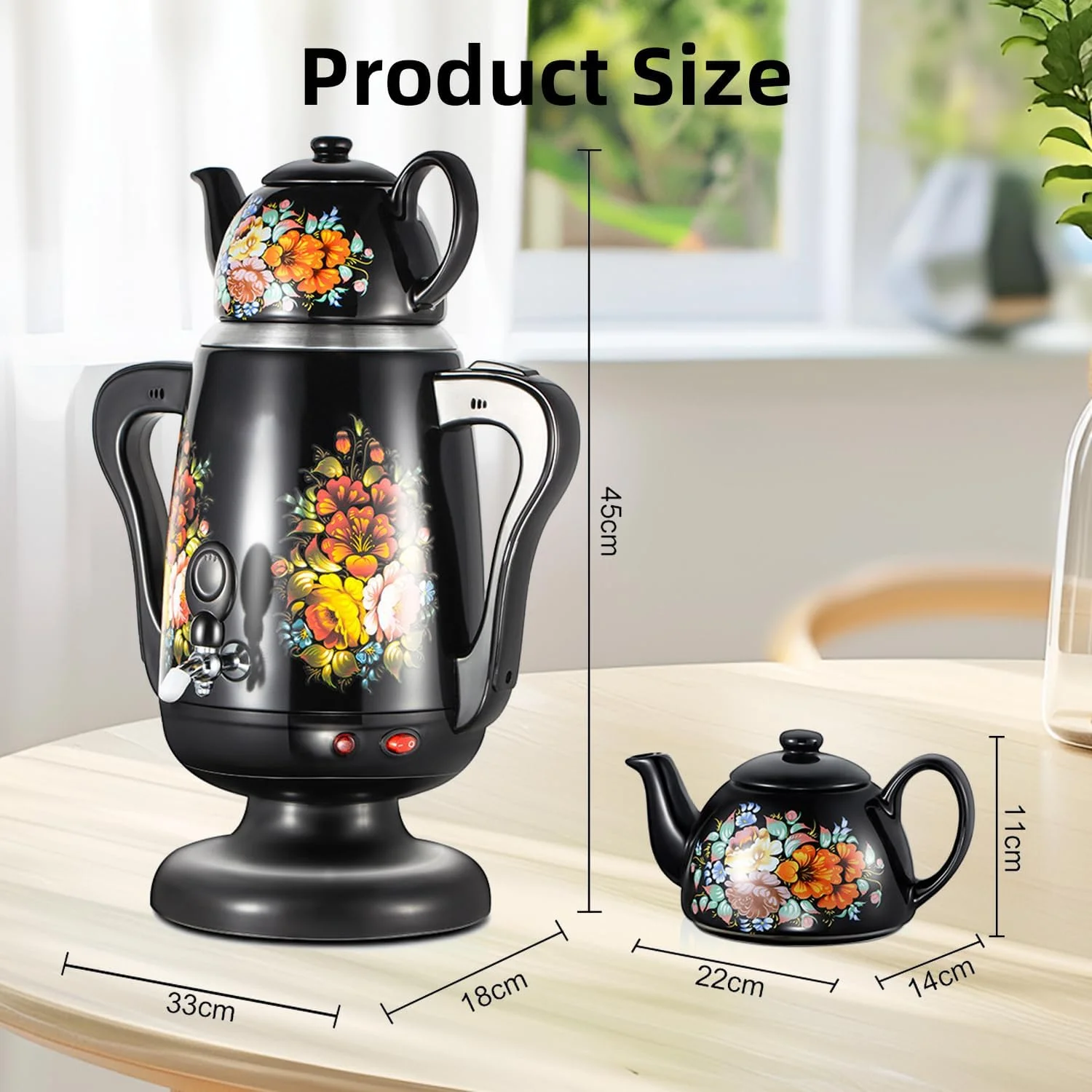 ست کتری برقی ترکی Angju، قوری های چای ترکی، ست قهوه ساز برقی ترکی، قوری سرامیکی و درب (0.8 لیتر)، کتری چای (3.5 لیتر)، چای ساز ترکی، قوری های دوقلو، مناسب برای خانه و محل کار