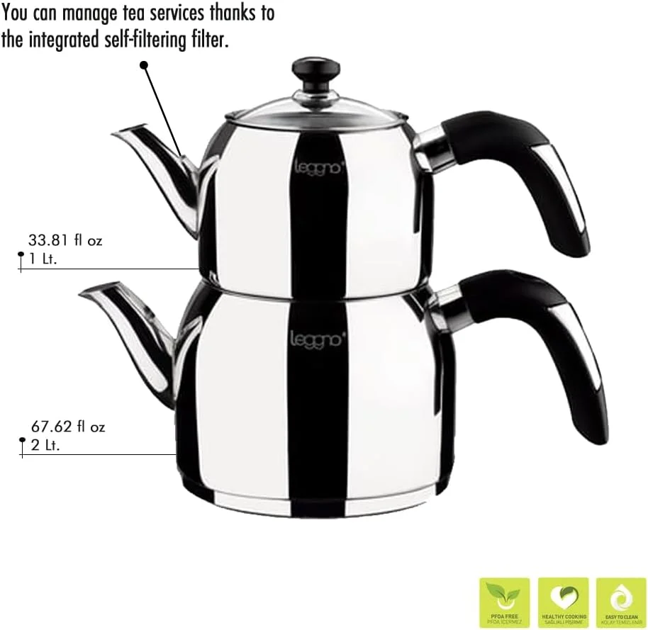 ست سماور چای ساز ترکی derya home، استیل ضد زنگ، طراحی ارگونومیک، استفاده آسان بر روی اجاق های القایی و انواع اجاق ها، کتری آب، دسته های مشکی، خود صافی - (1 لیتر - 2 لیتر)