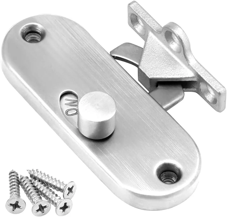قفل درب کشویی استیل ضد زنگ KWSLIN، قفل چرخشی 90 درجه، قفل درب کشویی زاویه راست برای درب های انبار، حمام، گاراژ و پنجره ها، شامل پیچ، نقره ای