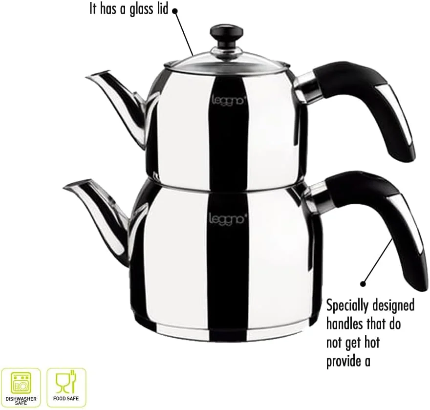 ست سماور چای ساز ترکی derya home، استیل ضد زنگ، طراحی ارگونومیک، استفاده آسان بر روی اجاق های القایی و انواع اجاق ها، کتری آب، دسته های مشکی، خود صافی - (1 لیتر - 2 لیتر)