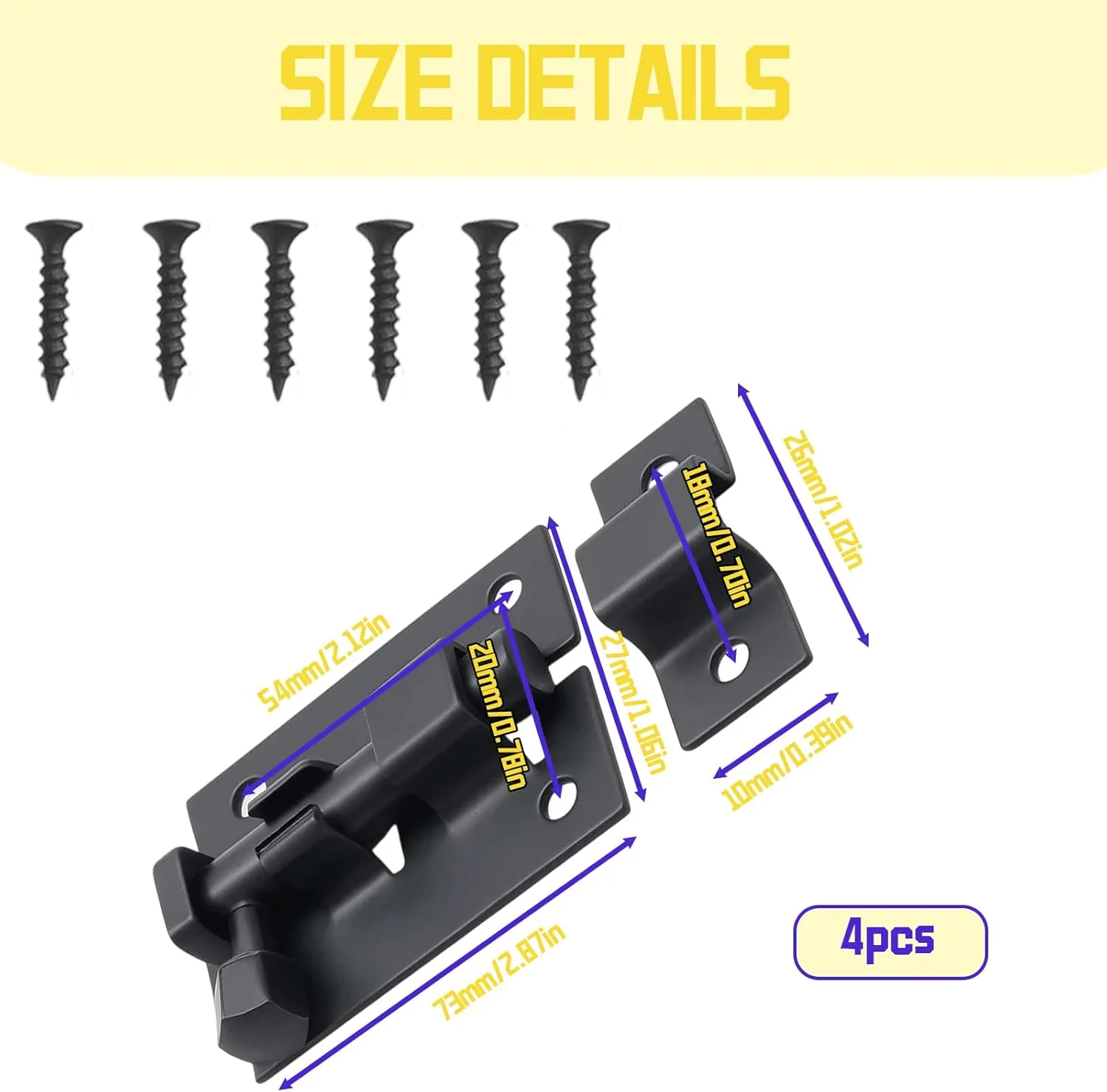 قفل زبانه ای درب استیل ضد زنگ KRYMXAR، 4 عددی، مناسب برای فضای داخلی و خارجی، مشکی، همراه با پیچ