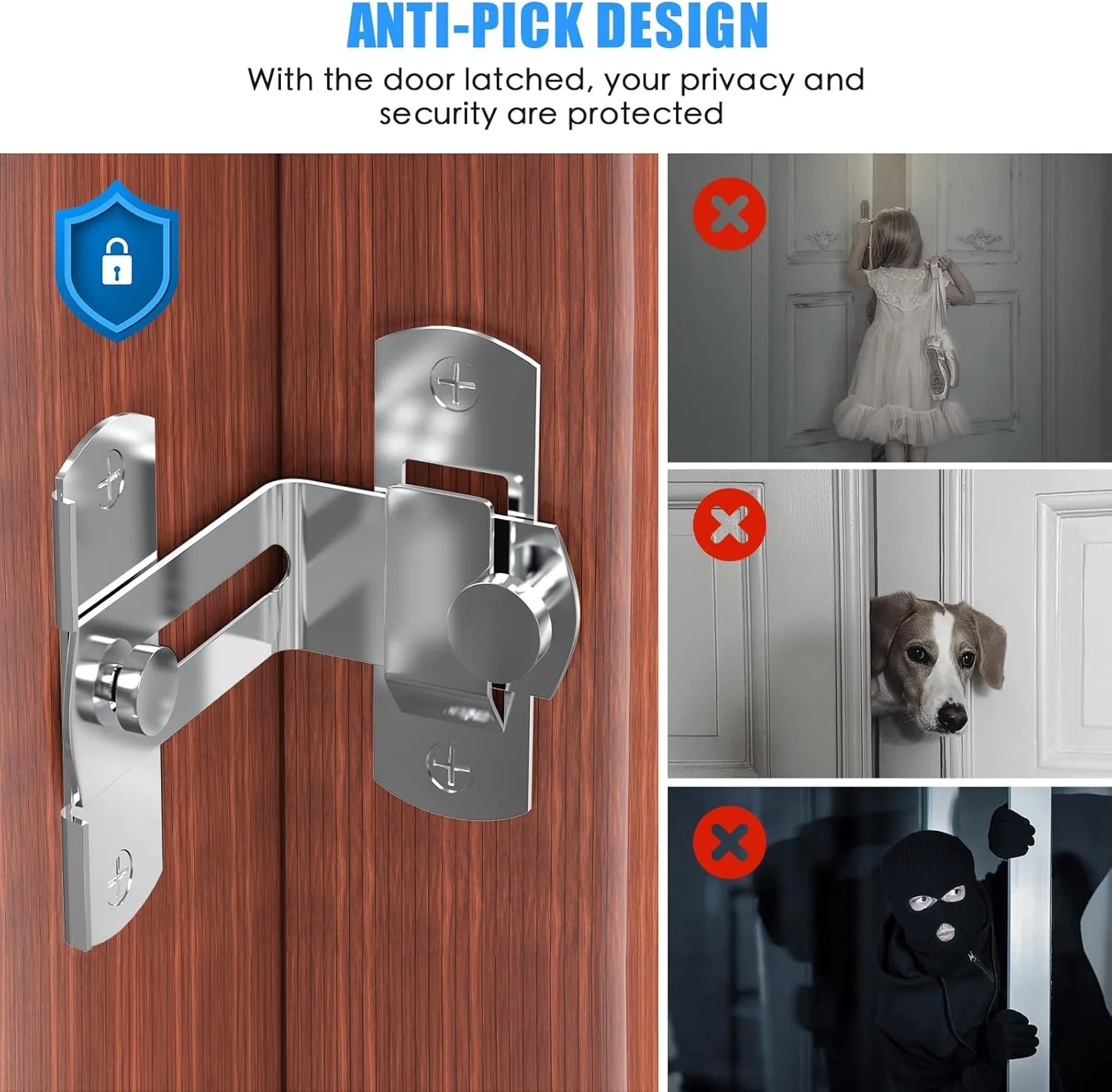 قفل استیل ضد زنگ KASTWAVE، قفل درب انبار محافظ حریم خصوصی 90 درجه، قفل قلاب برای انبار، باغ، حمام، فضای باز، گاراژ، پنجره، درب کشویی (2 عدد نقره ای)