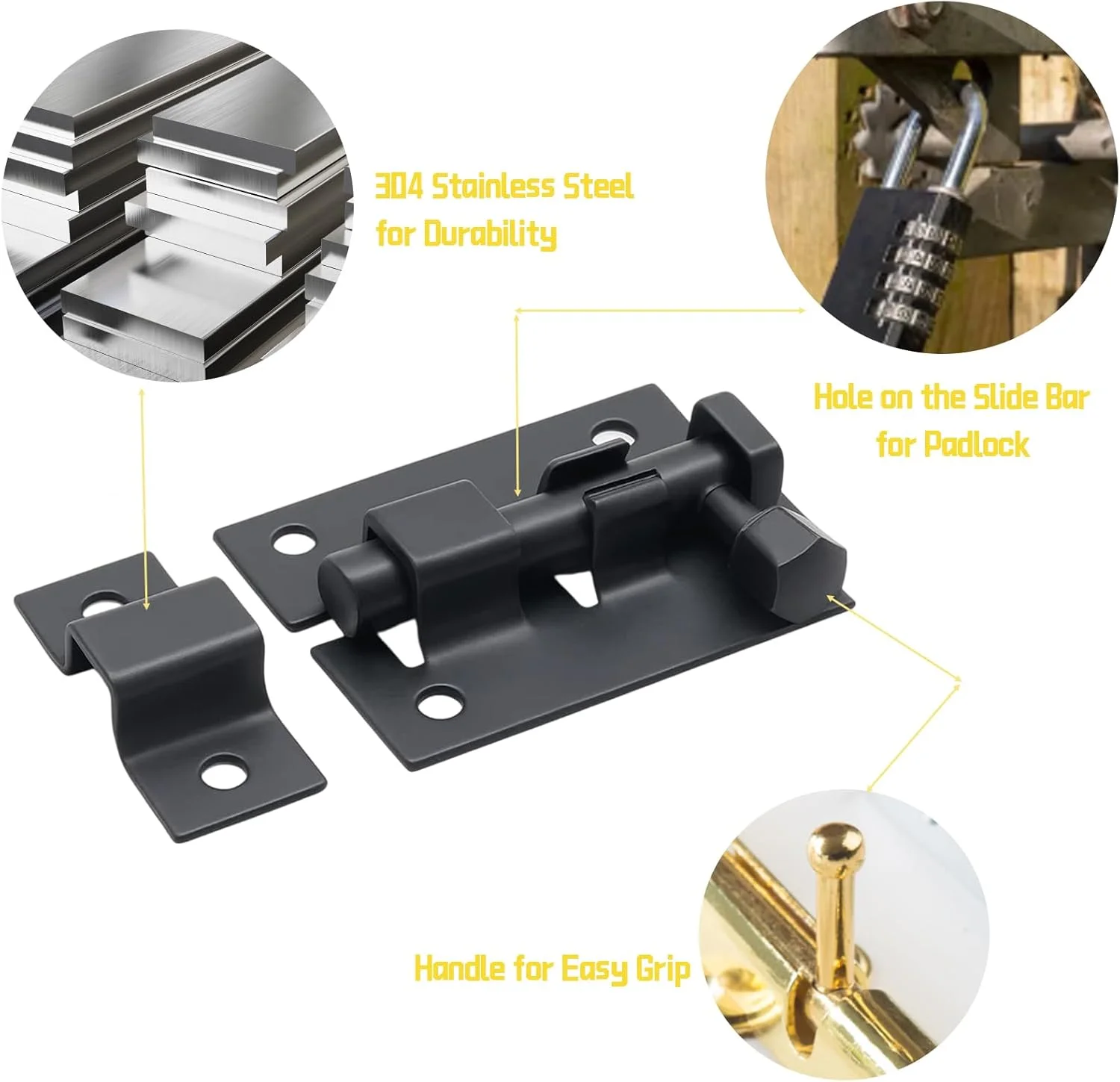 قفل زبانه ای درب استیل ضد زنگ KRYMXAR، 4 عددی، مناسب برای فضای داخلی و خارجی، مشکی، همراه با پیچ