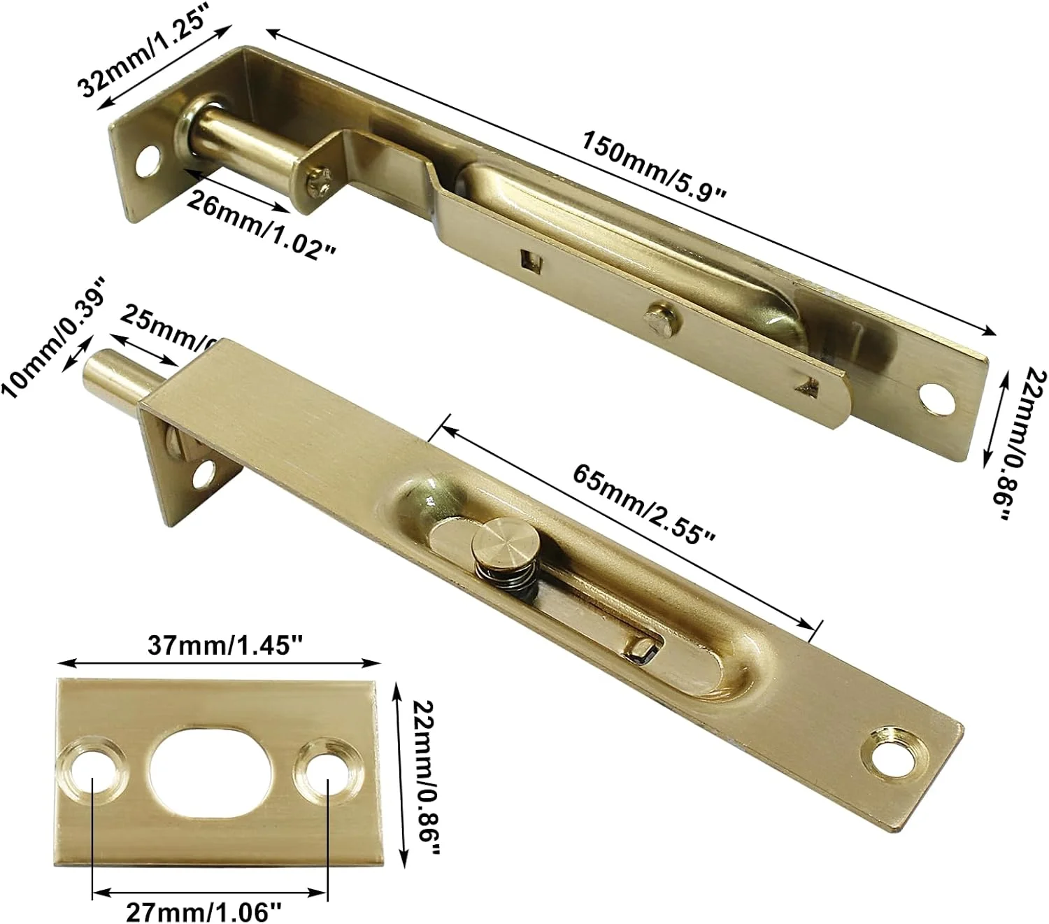 قفل توکار درب استیل ضد زنگ Kyuionty، بسته 2 عددی، 15 سانتی متری، قفل درب فرانسوی اهرمی نوع L (طلایی عتیقه)