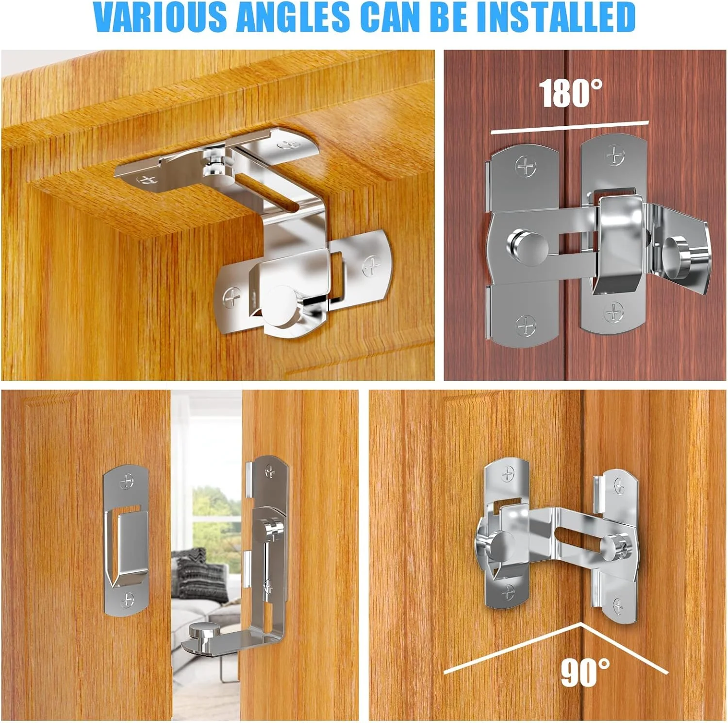 قفل استیل ضد زنگ KASTWAVE، قفل درب انبار محافظ حریم خصوصی 90 درجه، قفل قلاب برای انبار، باغ، حمام، فضای باز، گاراژ، پنجره، درب کشویی (2 عدد نقره ای)