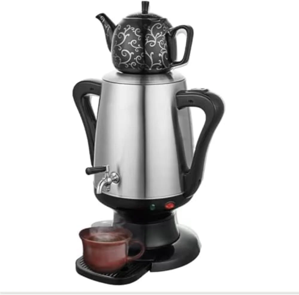 سماور برقی ترکی 4 لیتری - چای ساز و کتری استیل با قوری به سبک عثمانی، خاموش شدن خودکار، محافظت در برابر خشک شدن، ایده آل برای استفاده در خانه، آشپزخانه و محل کار