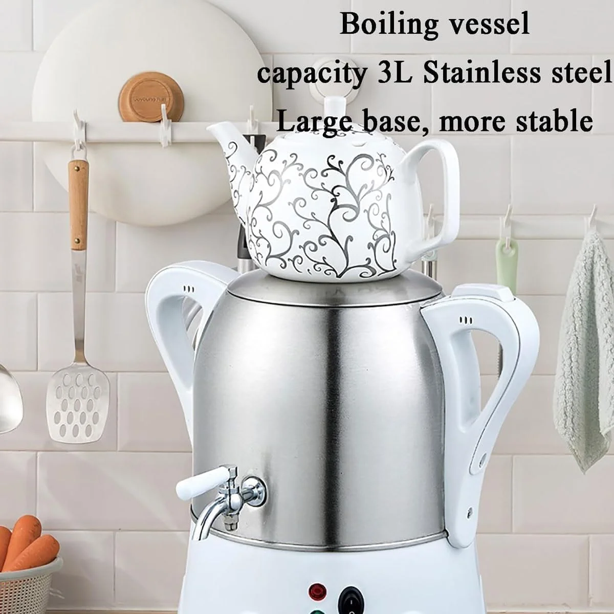 چای ساز برقی ترکی، سماور برقی ترکی با عملکرد گرم نگهدارنده، قوری استیل 3 لیتری و قوری سرامیکی 1 لیتری، برای قهوه، چای معطر، چای ترکی، سفید چای ساز برقی ترکی، سماور برقی ترکی با عملکرد گرم نگهدارنده، قوری استیل 3 لیتری و قوری سرامیکی 1 لیتری، برای قهوه، چای معطر، چای ترکی، سفید