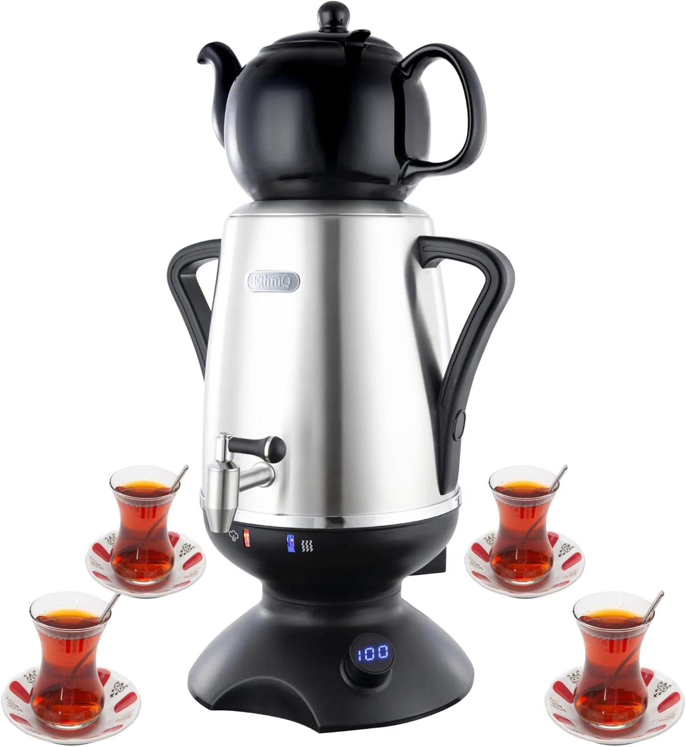 اتنیک - سماور برقی | قوری استیل 4 لیتری | کنترلر دمای قابل تنظیم | خاموش شدن خودکار در حالت خشک | قوری چینی 1.2 لیتری | کتری چای ترکی، ایرانی و روسی - مشکی