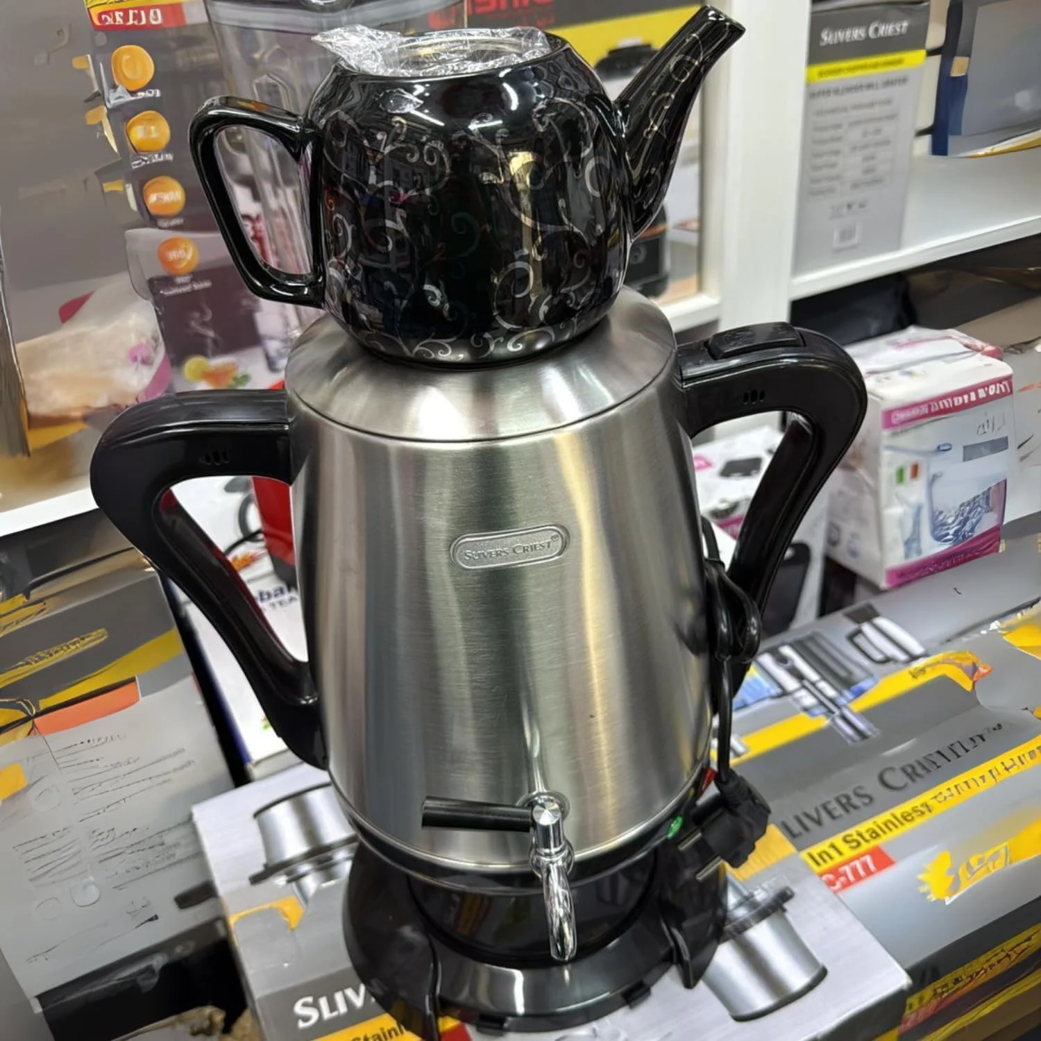 چای ساز برقی ترکی - کتری 4 لیتری + قوری 1 لیتری، خاموش شدن خودکار، محافظت در برابر خشک شدن، طراحی دو لایه، کتری چای سماوری برای چای روسی، ترکی و خاورمیانه چای ساز برقی ترکی - کتری 4 لیتری + قوری 1 لیتری، خاموش شدن خودکار، محافظت در برابر خشک شدن، طراحی دو لایه، کتری چای سماوری برای چای روسی، ترکی و خاورمیانه