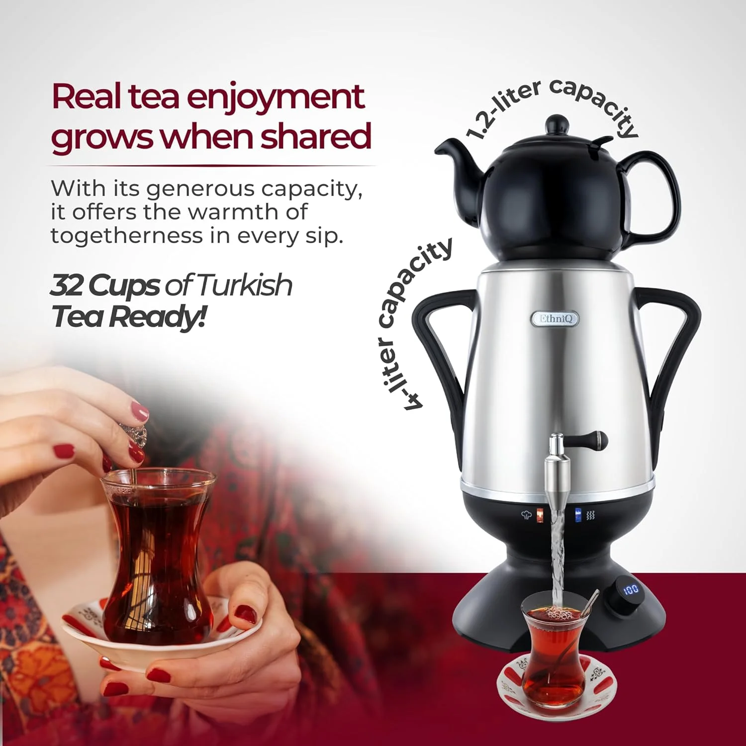 اتنیک - سماور برقی | قوری استیل 4 لیتری | کنترلر دمای قابل تنظیم | خاموش شدن خودکار در حالت خشک | قوری چینی 1.2 لیتری | کتری چای ترکی، ایرانی و روسی - مشکی