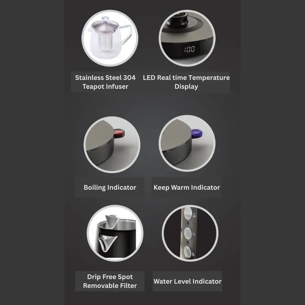 چای ساز برقی با قوری شیشه ای، کتری استیل 1.8 لیتری، نمایشگر دیجیتال دما، عملکرد گرم نگهدارنده - سماور سبک ترکی و ایرانی - مشکی