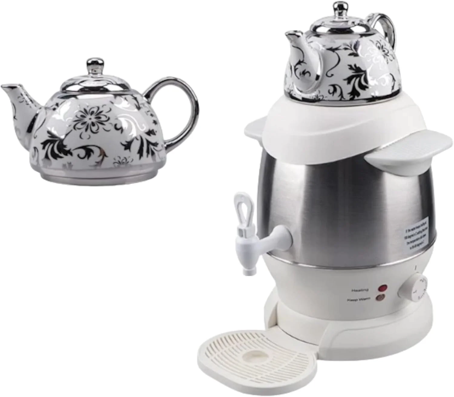 کتری سماوری برقی، ظرفیت 4 لیتر، 1350 وات، پایه بدون سیم 360 درجه، طرح گلدار، استیل ضد زنگ و پلاستیک – مدل SK-SH-1068 سفید کتری سماوری برقی، ظرفیت 4 لیتر، 1350 وات، پایه بدون سیم 360 درجه، طرح گلدار، استیل ضد زنگ و پلاستیک – مدل SK-SH-1068 سفید