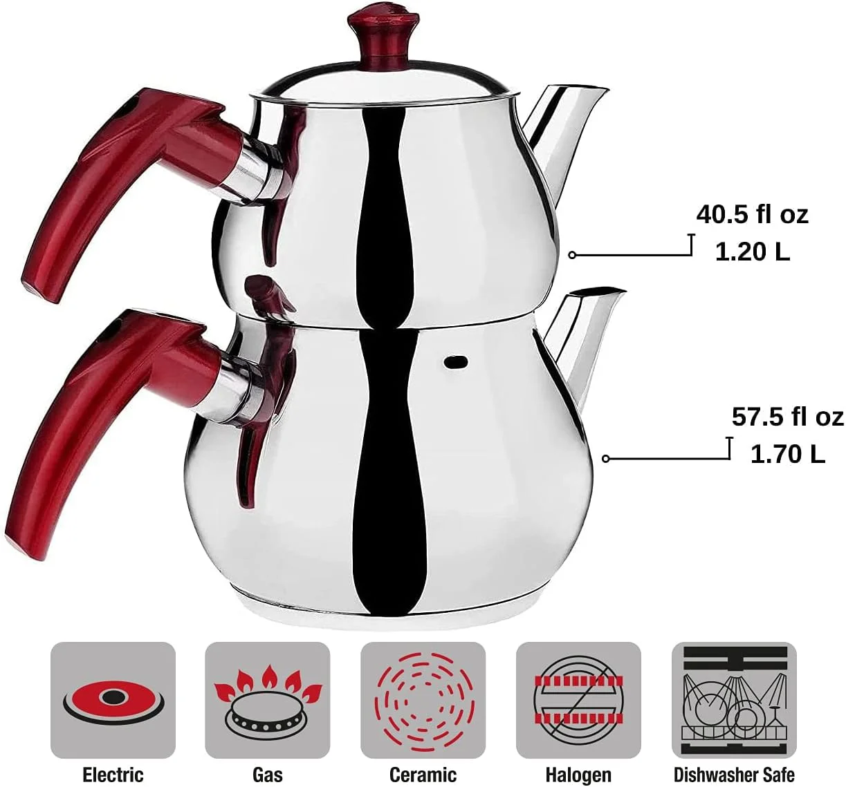 ست چای ساز ترکی DESTALYA، دو قوری استیل ضد زنگ برای اجاق گاز، چای ساز با دسته، کتری چای صافی دار به سبک سماور، گرم کن آب (مدی با دسته های قرمز) ست چای ساز ترکی DESTALYA، دو قوری استیل ضد زنگ برای اجاق گاز، چای ساز با دسته، کتری چای صافی دار به سبک سماور، گرم کن آب (مدی با دسته های قرمز)