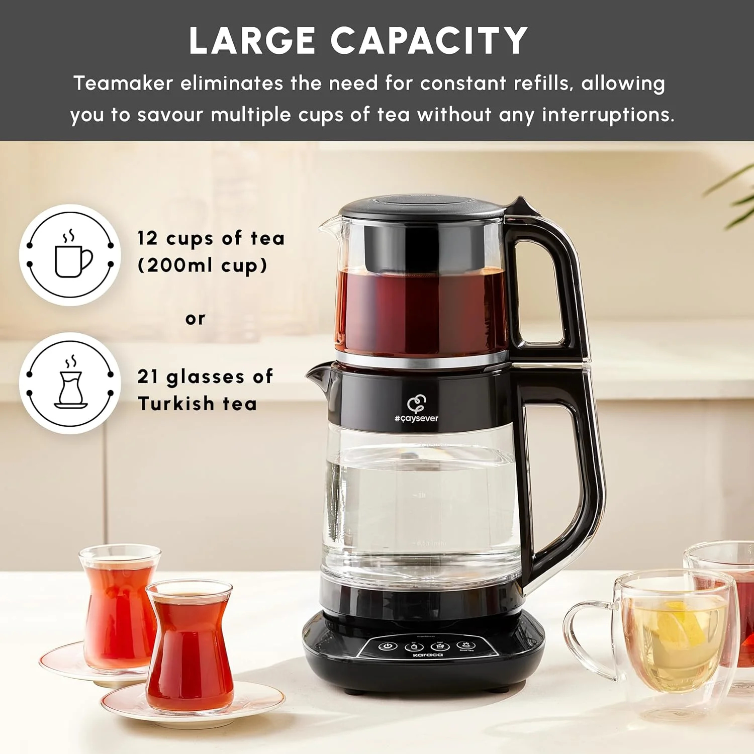 دستگاه چای ساز ترکی کاراجا Caysever - کتری هوشمند کنترل دما 1.5 لیتری و قوری شیشه ای 0.8 لیتری با دم کننده - هشدار توقف هوشمند و اعلان صوتی - دستگاه چای ساز چند منظوره 1700 وات دستگاه چای ساز ترکی کاراجا Caysever - کتری هوشمند کنترل دما 1.5 لیتری و قوری شیشه ای 0.8 لیتری با دم کننده - هشدار توقف هوشمند و اعلان صوتی - دستگاه چای ساز چند منظوره 1700 وات