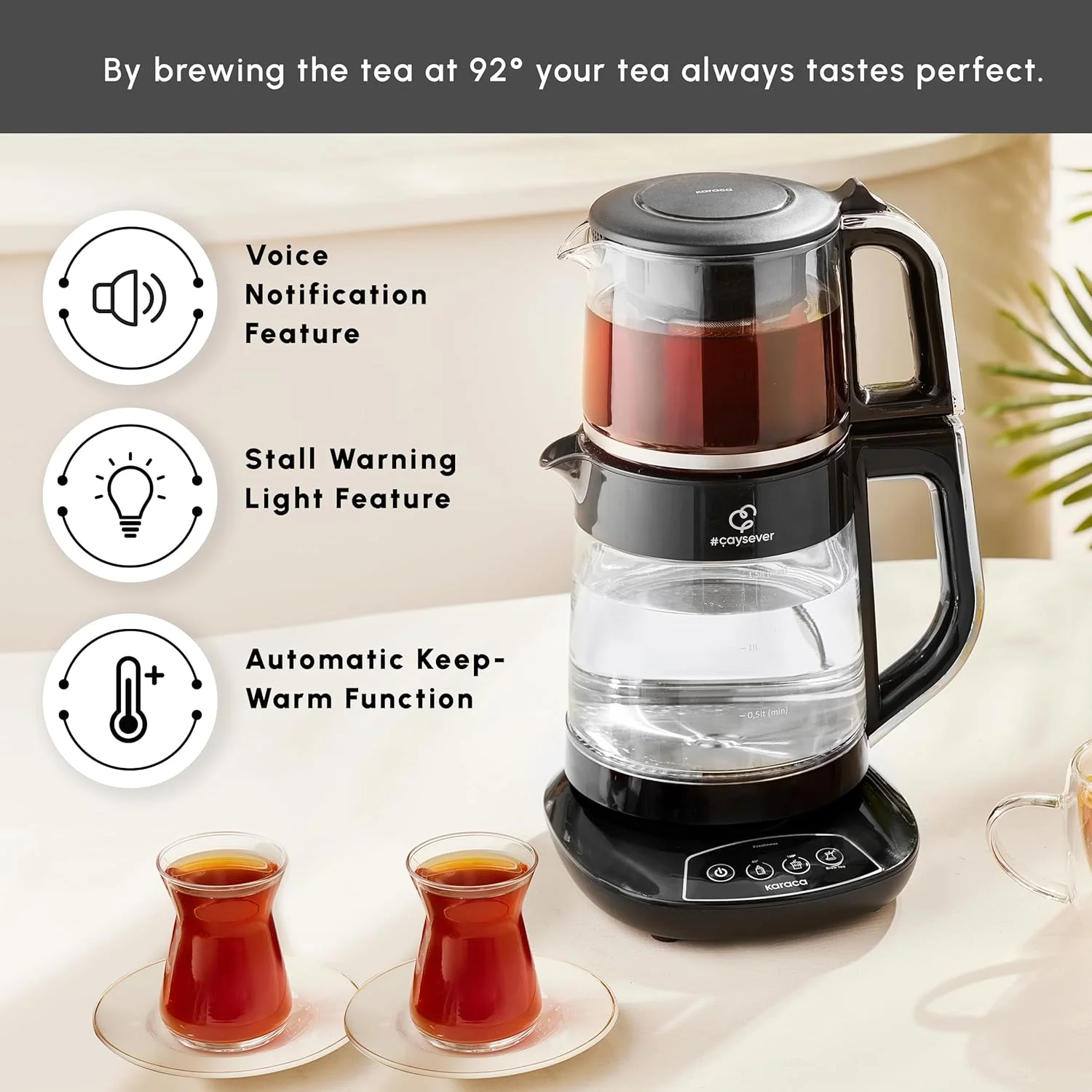 دستگاه چای ساز ترکی کاراجا Caysever - کتری هوشمند کنترل دما 1.5 لیتری و قوری شیشه ای 0.8 لیتری با دم کننده - هشدار توقف هوشمند و اعلان صوتی - دستگاه چای ساز چند منظوره 1700 وات دستگاه چای ساز ترکی کاراجا Caysever - کتری هوشمند کنترل دما 1.5 لیتری و قوری شیشه ای 0.8 لیتری با دم کننده - هشدار توقف هوشمند و اعلان صوتی - دستگاه چای ساز چند منظوره 1700 وات