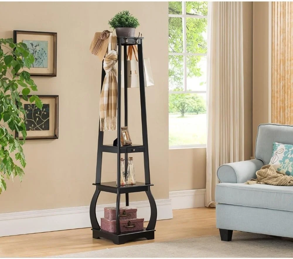 جالباسی ایستاده با قفسههای ذخیرهسازی و دراور، مناسب برای کت، کلاه، شال گردن و کیف دستی (مشکی) جالباسی ایستاده با قفسههای ذخیرهسازی و دراور، مناسب برای کت، کلاه، شال گردن و کیف دستی (مشکی)