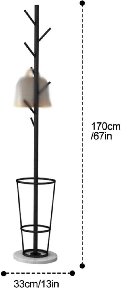 رخت آویز فلزی با جا چتری، رخت آویز ایستاده با پایه مرمری، دارای قلاب های متعدد برای ورودی و اتاق خواب (طلایی)