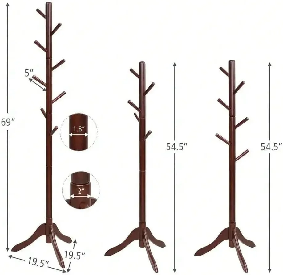 جالباسی ایستاده چوبی برای ورودی، طرح درختی، ارتفاع قابل تنظیم، با 8 آویز برای لباس، کلاه، کیف دستی جالباسی ایستاده چوبی برای ورودی، طرح درختی، ارتفاع قابل تنظیم، با 8 آویز برای لباس، کلاه، کیف دستی