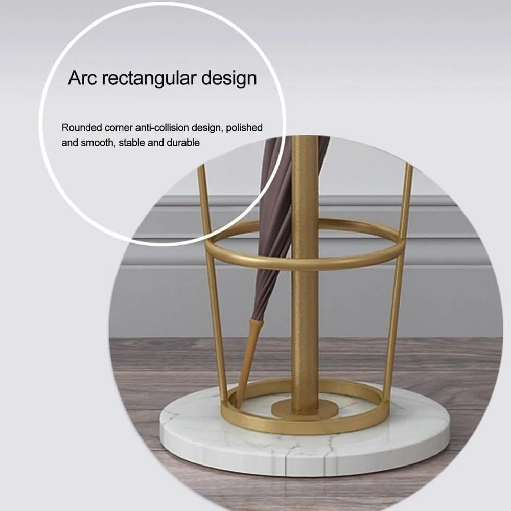 رخت آویز فلزی با جا چتری، رخت آویز ایستاده با پایه مرمری، دارای قلاب های متعدد برای ورودی و اتاق خواب (طلایی)
