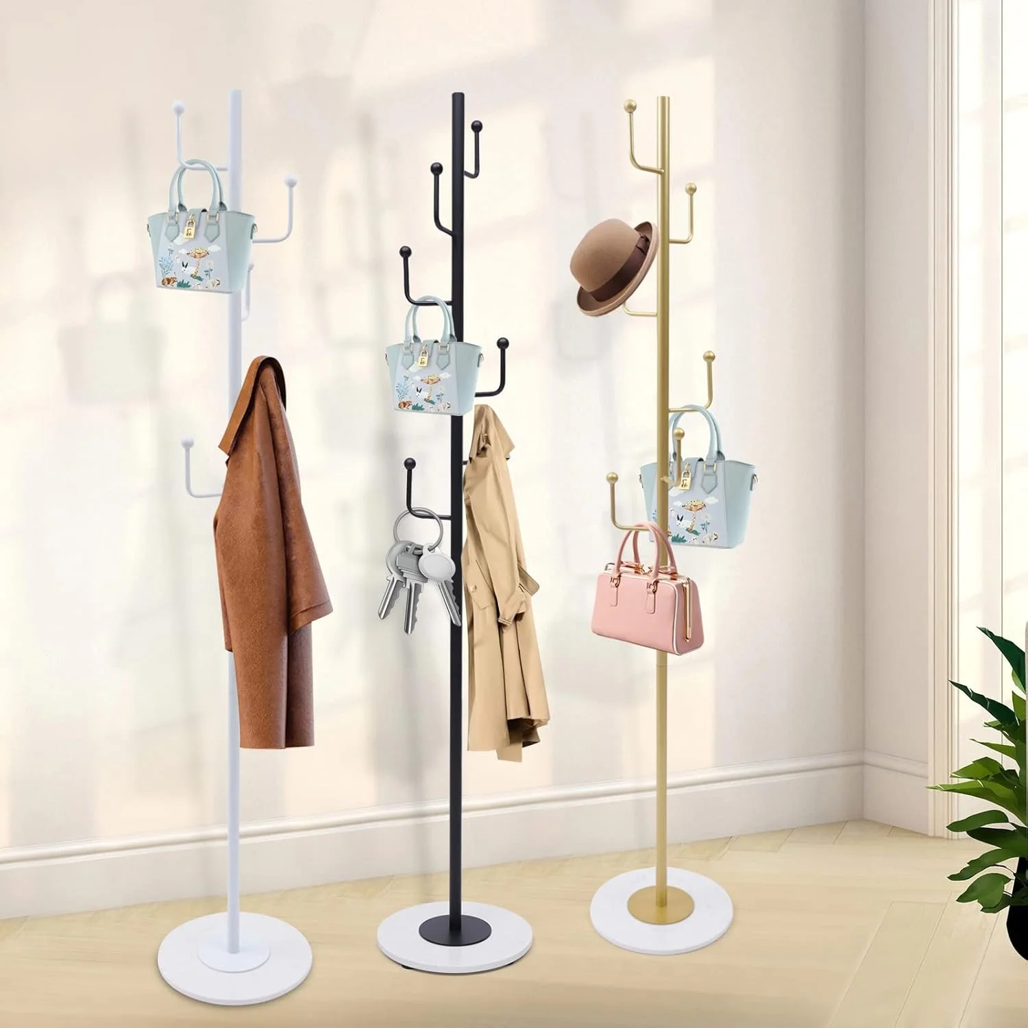 جالباسی ایستاده فلزی مدرن، جالباسی درختی با 6 آویز برای کت، کلاه، کیف و کیف پول (سفید) جالباسی ایستاده فلزی مدرن، جالباسی درختی با 6 آویز برای کت، کلاه، کیف و کیف پول (سفید)