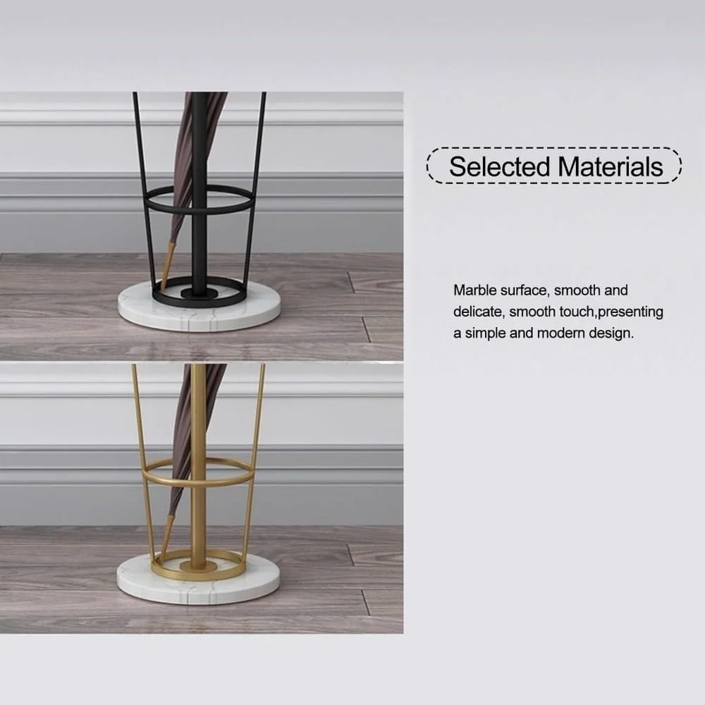 رخت آویز فلزی با جا چتری، رخت آویز ایستاده با پایه مرمری، دارای قلاب های متعدد برای ورودی و اتاق خواب (طلایی)